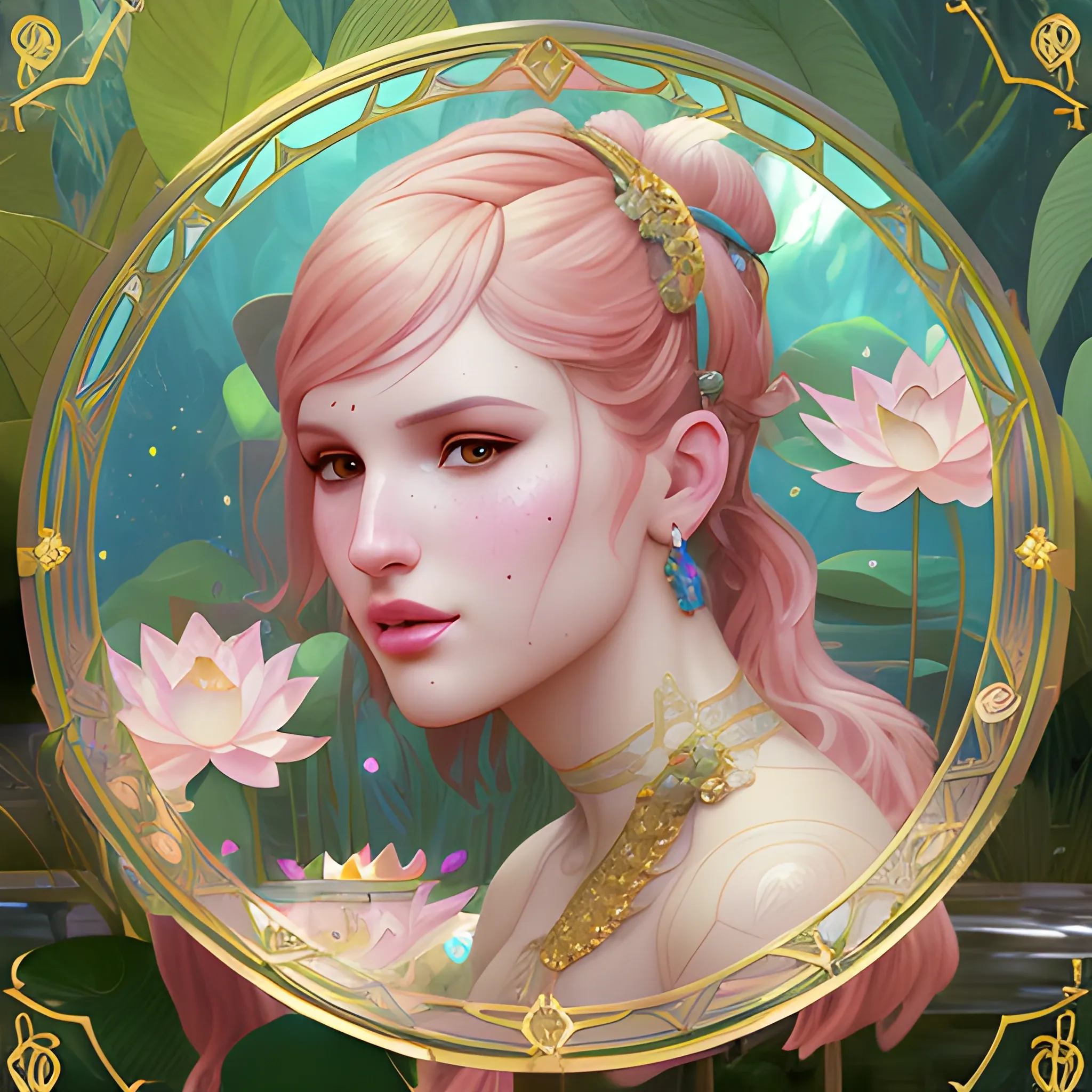 Bella Thorne at a lotus pond; highly detailed beautiful face; glitter, renaissance; high contrast, pastel, sorbet, pearlescent, Unreal Engine 5; by Dan Parent, Alphonse Mucha, Artgerm, WLOP, intricately detailed, fantasy, bizarre, beautiful, Chromolithography, Soft Shading, Unreal Engine; digital painting, smooth, sharp focus, illustration, art by lisa frank, Steve Goad, Frank Frazetta, William-Adolphe Bouguereau, Unreal Engine 5, Cartoon, 3D, Oil Painting, 3D