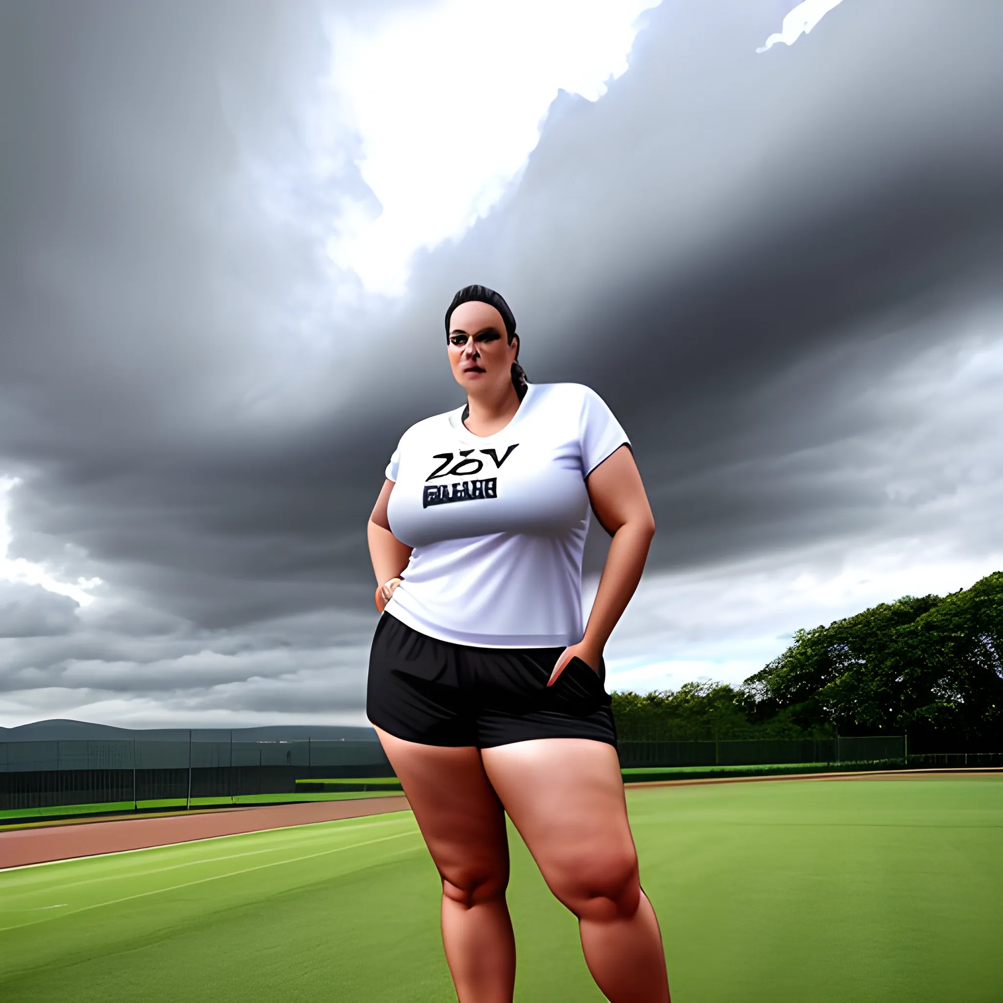 very tall beautiful plus size sporty teenage girl in T-shirt and shorts
standing under clouds 