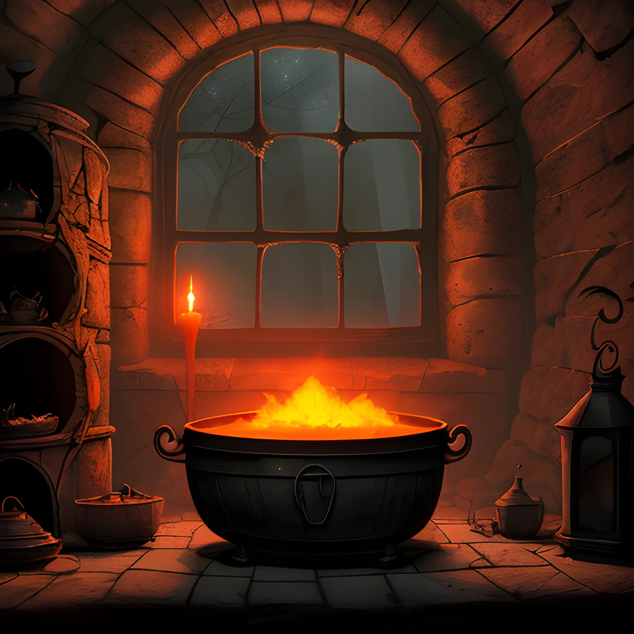 A group of witches gather at a smoky creepy-looking room around a boiling caldron. A dimmed red-orange colored light glows in the caldron. Walls made of cobbled stone. Spider web creeping around the corner of the room. A raven is standing on the window.

