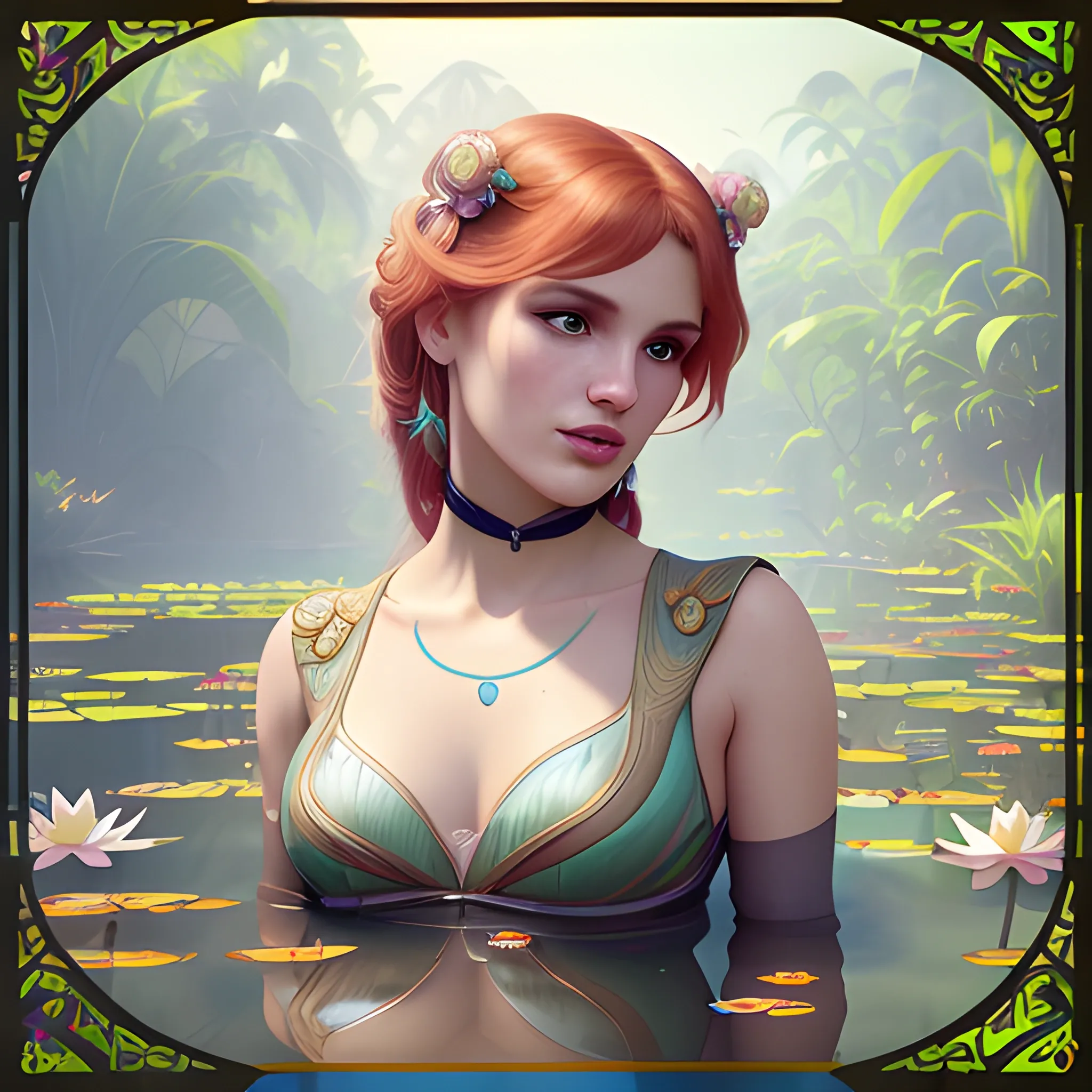 Bella Thorne at a lotus pond; highly detailed beautiful face; glitter, renaissance; high contrast, pastel, sorbet, pearlescent, Unreal Engine 5; by Dan Parent, Alphonse Mucha, Artgerm, WLOP, intricately detailed, fantasy, bizarre, beautiful, Chromolithography, Soft Shading, Unreal Engine; digital painting, smooth, sharp focus, illustration, art by lisa frank, Steve Goad, Frank Frazetta, William-Adolphe Bouguereau, Unreal Engine 5, Cartoon, 3D, Oil Painting, 3D