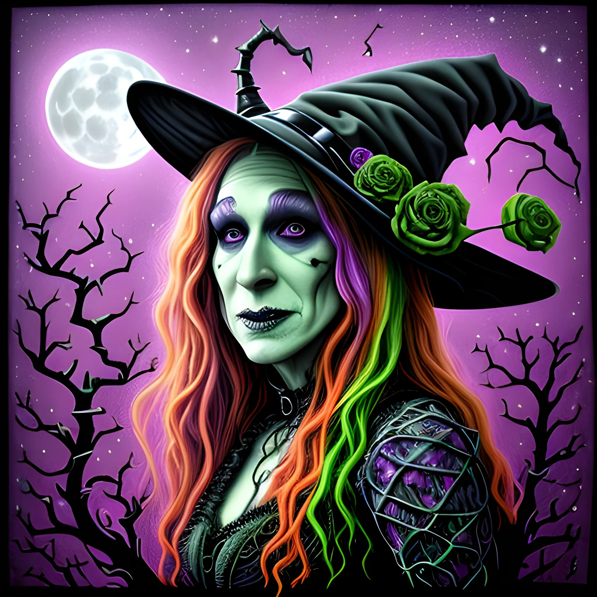 Sarah Jessica Parker as a Halloween Witch, wearing a thorny witch hat adorned with thorns and black roses; Halloween, bats, full moon in a nebula sky, neon spray paint, acrylic paint, fantastical surrealist world, in the style of Stephen Gammell, extremely detailed Zentangle style, sick, gothic, eldritch, candles, neon grape purple, dayglo orange, chartreuse green, Halloween