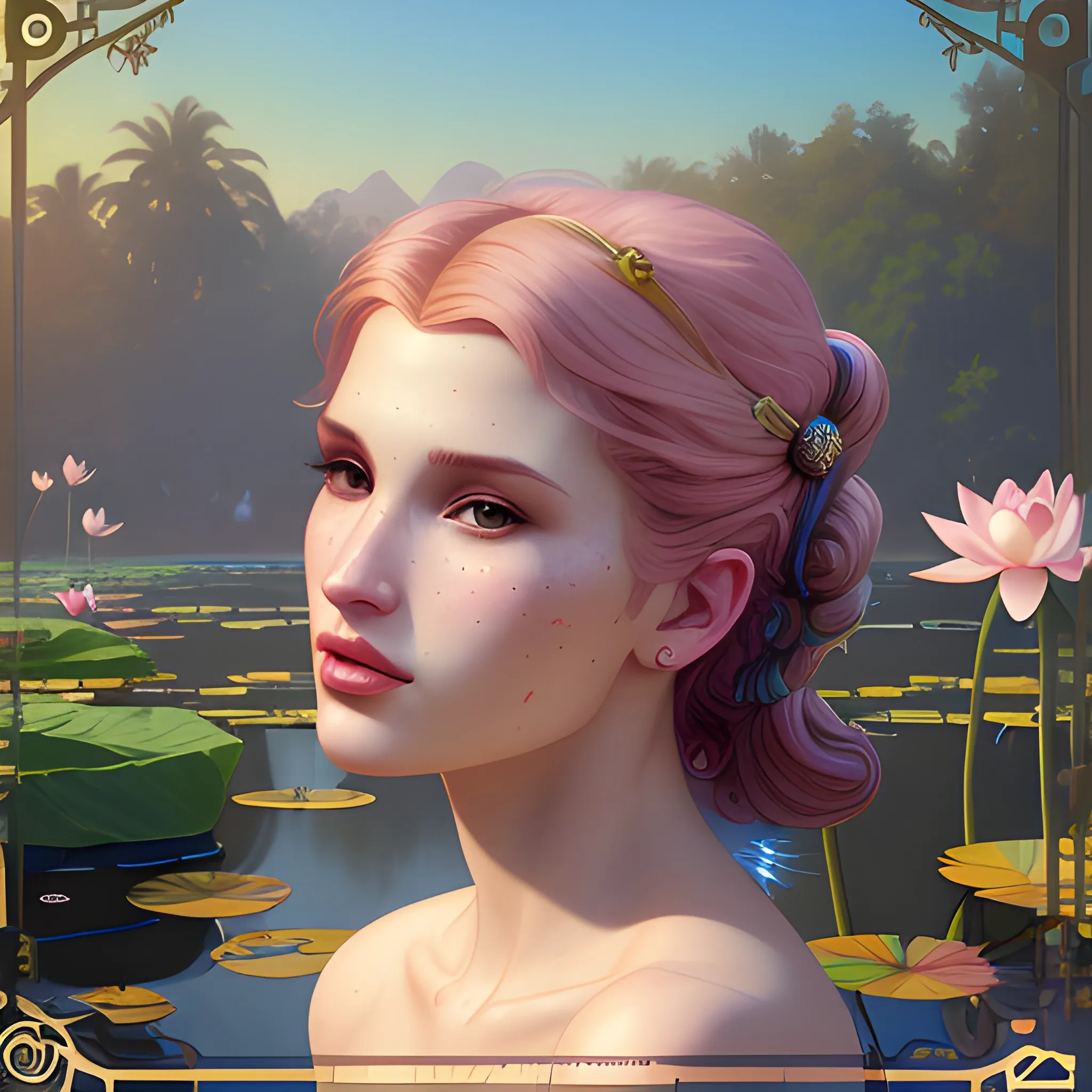 Bella Thorne at a lotus pond; highly detailed beautiful face; glitter, renaissance; high contrast, pastel, sorbet, pearlescent, Unreal Engine 5; by Dan Parent, Alphonse Mucha, Artgerm, WLOP, intricately detailed, fantasy, bizarre, beautiful, Chromolithography, Soft Shading, Unreal Engine; digital painting, smooth, sharp focus, illustration, art by lisa frank, Steve Goad, Frank Frazetta, William-Adolphe Bouguereau, Unreal Engine 5, Cartoon, 3D, Oil Painting, 3D