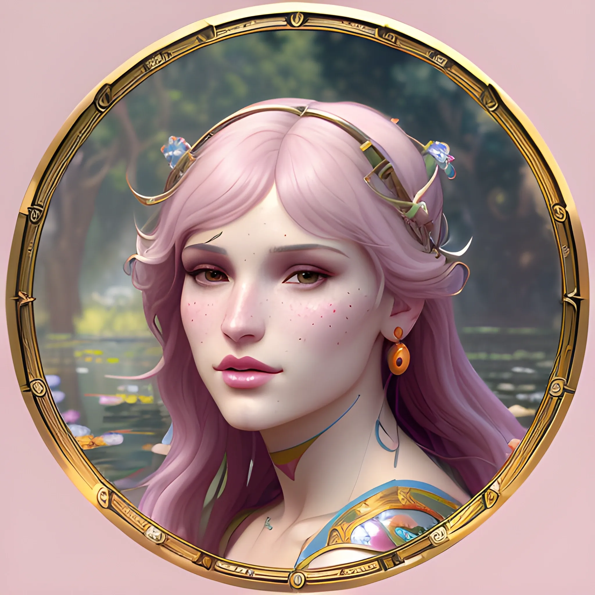 Bella Thorne at a lotus pond; highly detailed beautiful face; glitter, renaissance; high contrast, pastel, sorbet, pearlescent, Unreal Engine 5; by Dan Parent, Alphonse Mucha, Artgerm, WLOP, intricately detailed, fantasy, bizarre, beautiful, Chromolithography, Soft Shading, Unreal Engine; digital painting, smooth, sharp focus, illustration, art by lisa frank, Steve Goad, Frank Frazetta, William-Adolphe Bouguereau, Unreal Engine 5, Cartoon, 3D, Oil Painting, 3D