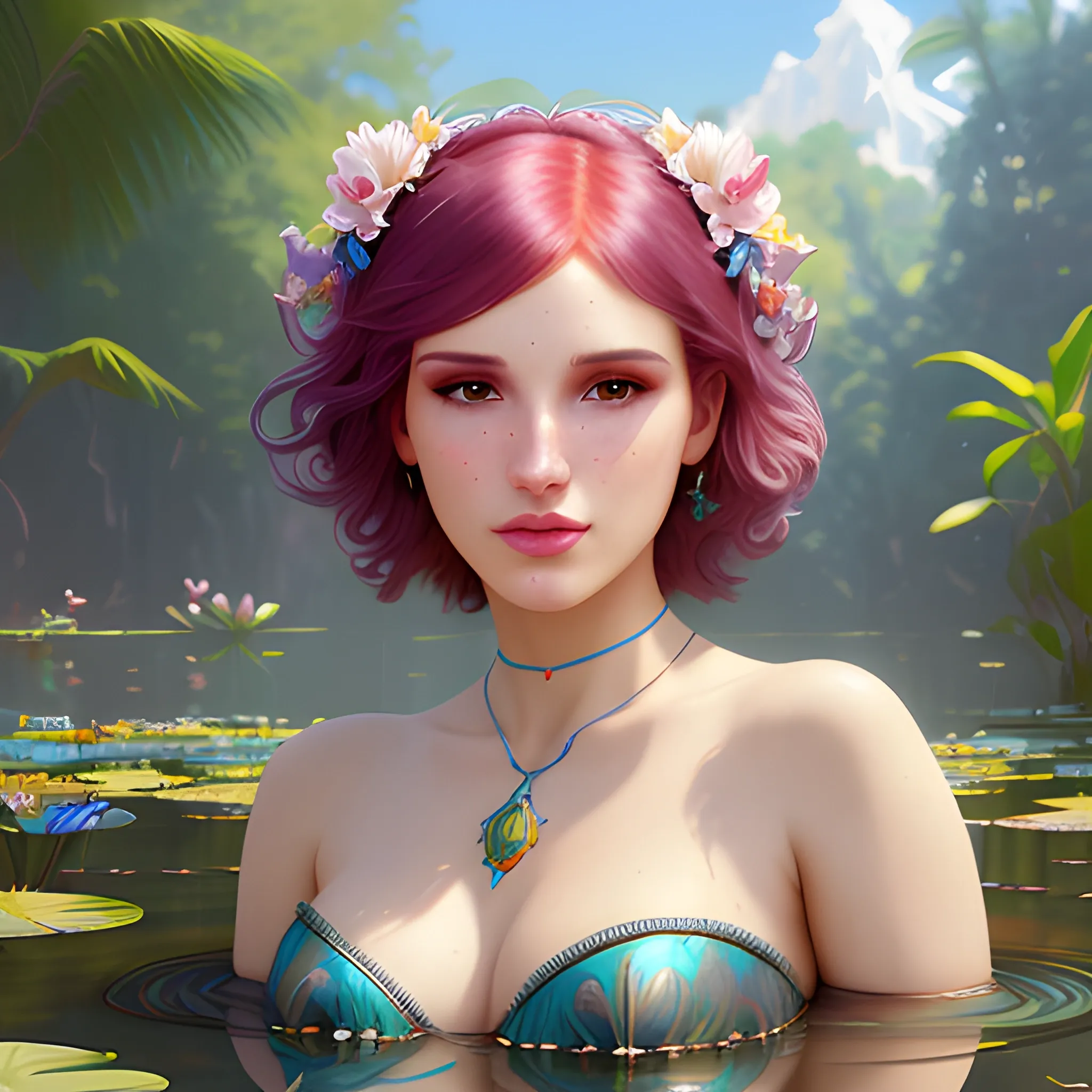 Bella Thorne at a lotus pond; highly detailed beautiful face; glitter, renaissance; high contrast, pastel, sorbet, pearlescent, Unreal Engine 5; by Dan Parent, Alphonse Mucha, Artgerm, WLOP, intricately detailed, fantasy, bizarre, beautiful, Chromolithography, Soft Shading, Unreal Engine; digital painting, smooth, sharp focus, illustration, art by lisa frank, Steve Goad, Frank Frazetta, William-Adolphe Bouguereau, Unreal Engine 5, Cartoon, 3D, Oil Painting, 3D