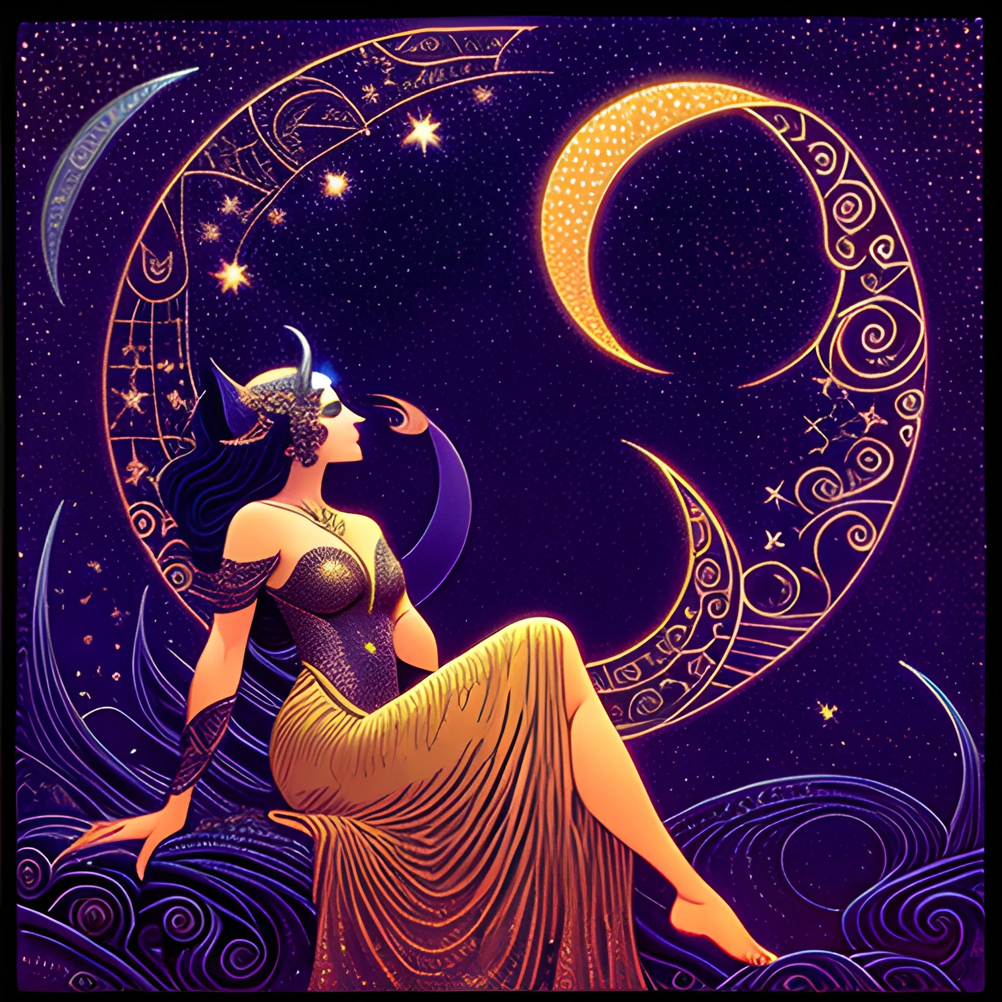 Nyx Goddess of the Night with a crescent moon and many stars in the style of Maxfield Parrish, starry night, James R. Eads