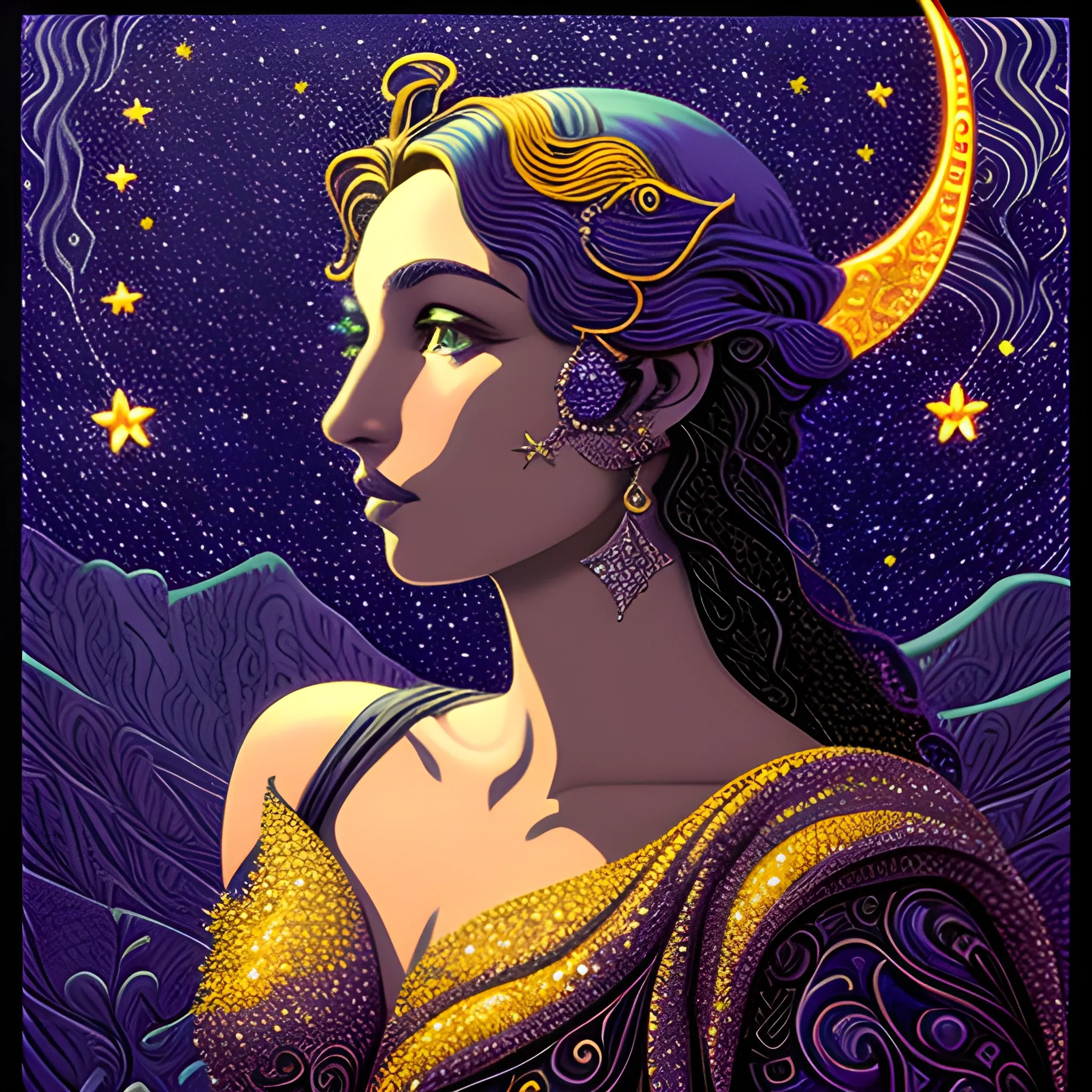 Nyx Goddess of the Night with a crescent moon and many stars in the style of Maxfield Parrish, starry night, James R. Eads