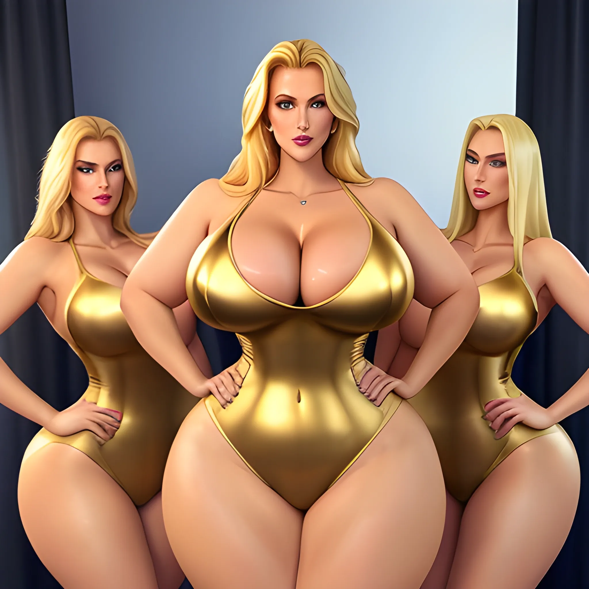 massive and very tall, beautiful, plus size, friendly beautiful blonde girl, broad shoulders, slightly muscular, golden blonde hair, full voluptuous hourglass body and long big thighs and big legs in short tight dress, athletic, standing in beautiful house next to her five slightly shorter blonde daughters with the same bodytype loving her and hugging and clinging to her and kissing her