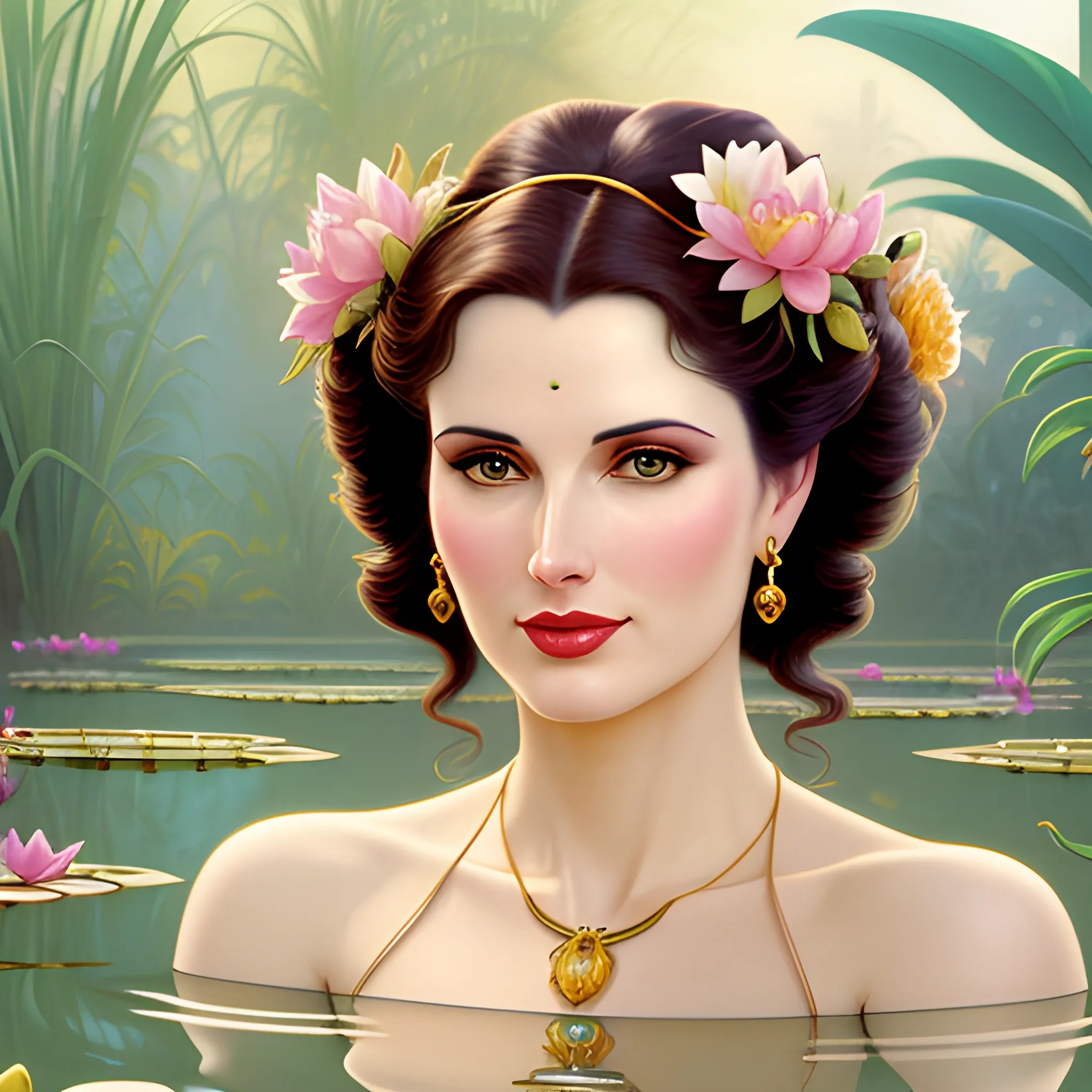 young Geena Davis at a lotus pond; highly detailed beautiful face; glitter, renaissance; high contrast, pastel, sorbet, pearlescent, Unreal Engine 5; by Dan Parent, Alphonse Mucha, Artgerm, WLOP, intricately detailed, fantasy, bizarre, beautiful, Chromolithography, Soft Shading, Unreal Engine; digital painting, smooth, sharp focus, illustration, art by lisa frank, Steve Goad, Frank Frazetta, William-Adolphe Bouguereau, Unreal Engine 5, Cartoon, 3D, Oil Painting, 3D