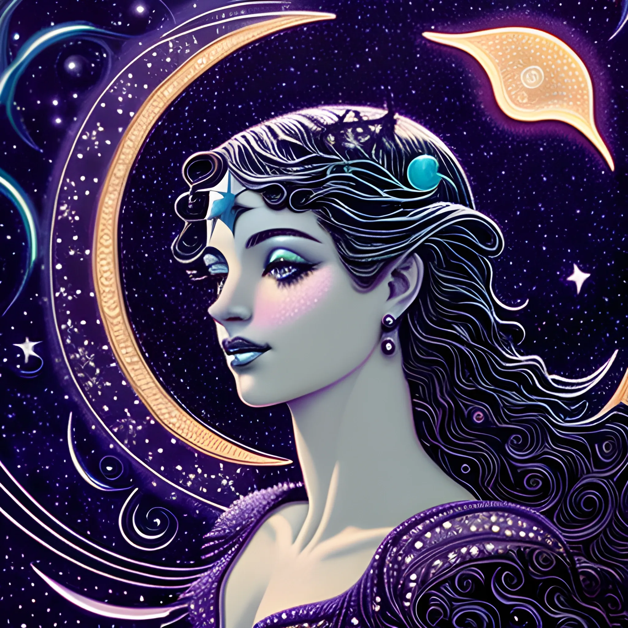 Nyx Goddess of the Night with a crescent moon and many stars in the style of Maxfield Parrish, starry night, James R. Eads