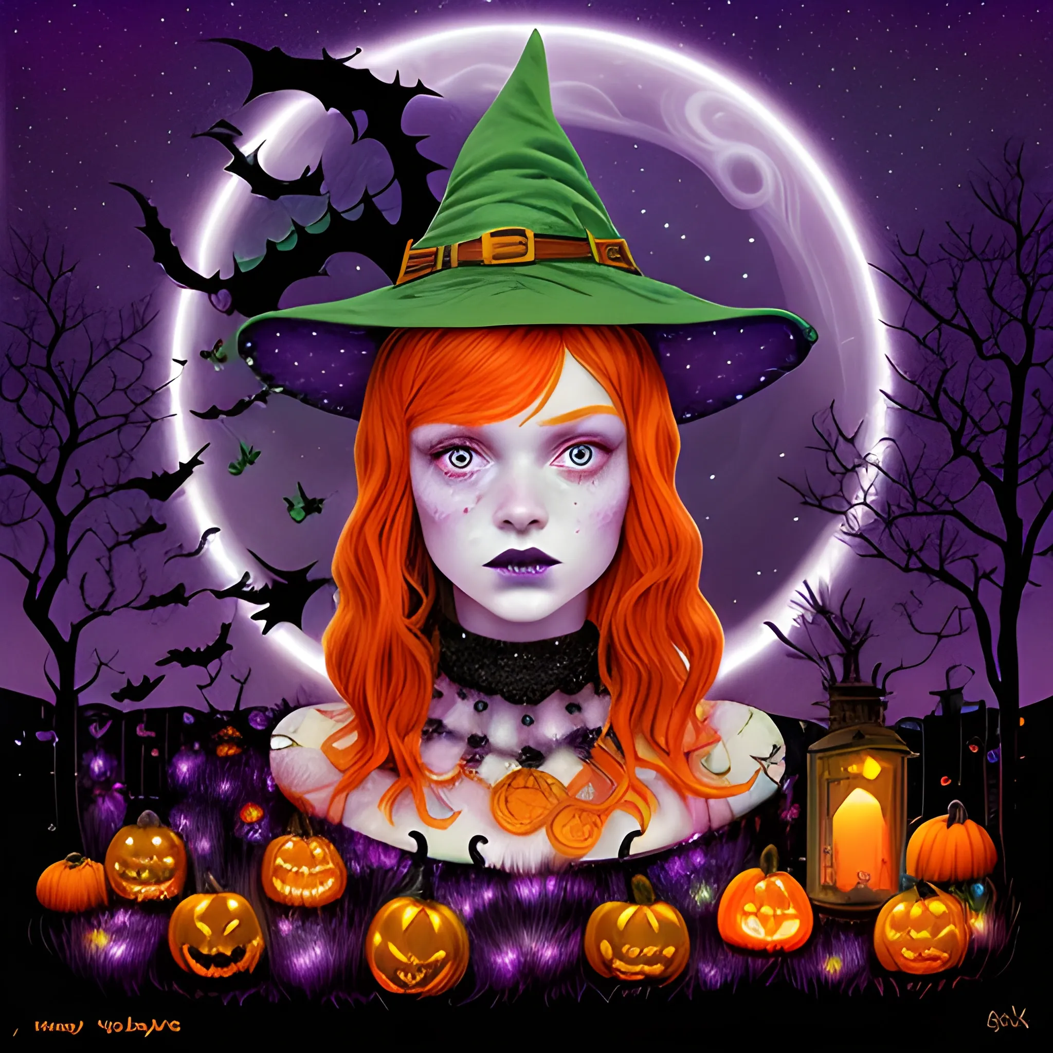 Bella Thorne / Sadie Sink face morph as a Halloween Witch, wearing a thorny witch hat adorned with thorns and black roses; Halloween, bats, full moon in a nebula sky, neon spray paint, acrylic paint, fantastical surrealist world, in the style of Stephen Gammell, extremely detailed, sick, gothic, eldritch, candles, neon grape purple, dayglo orange, chartreuse green, Halloween perfect purple pumpkins, green skulls, orange bats, magic, candles, cobweb, spider, glitter, luminous color sparkles, dayglo orange, neon grape purple, chartreuse green, hot pink, stars, sparkles, glitter, lanterns, gourds, Halloween; Goddess of the Night with a crescent moon and many stars in the style of Maxfield Parrish, starry night, James R. Eads