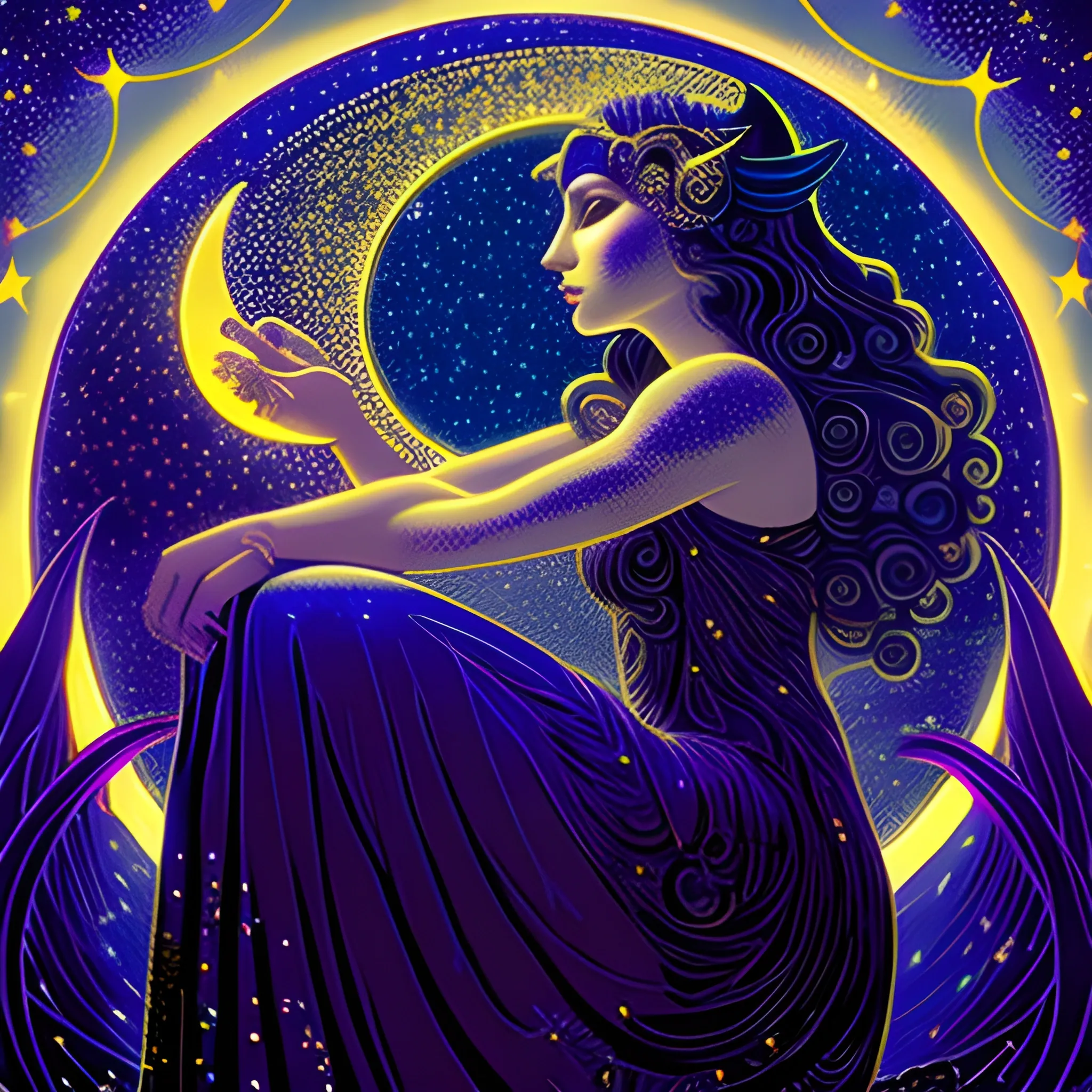 Nyx Goddess of the Night with a crescent moon and many stars in ...