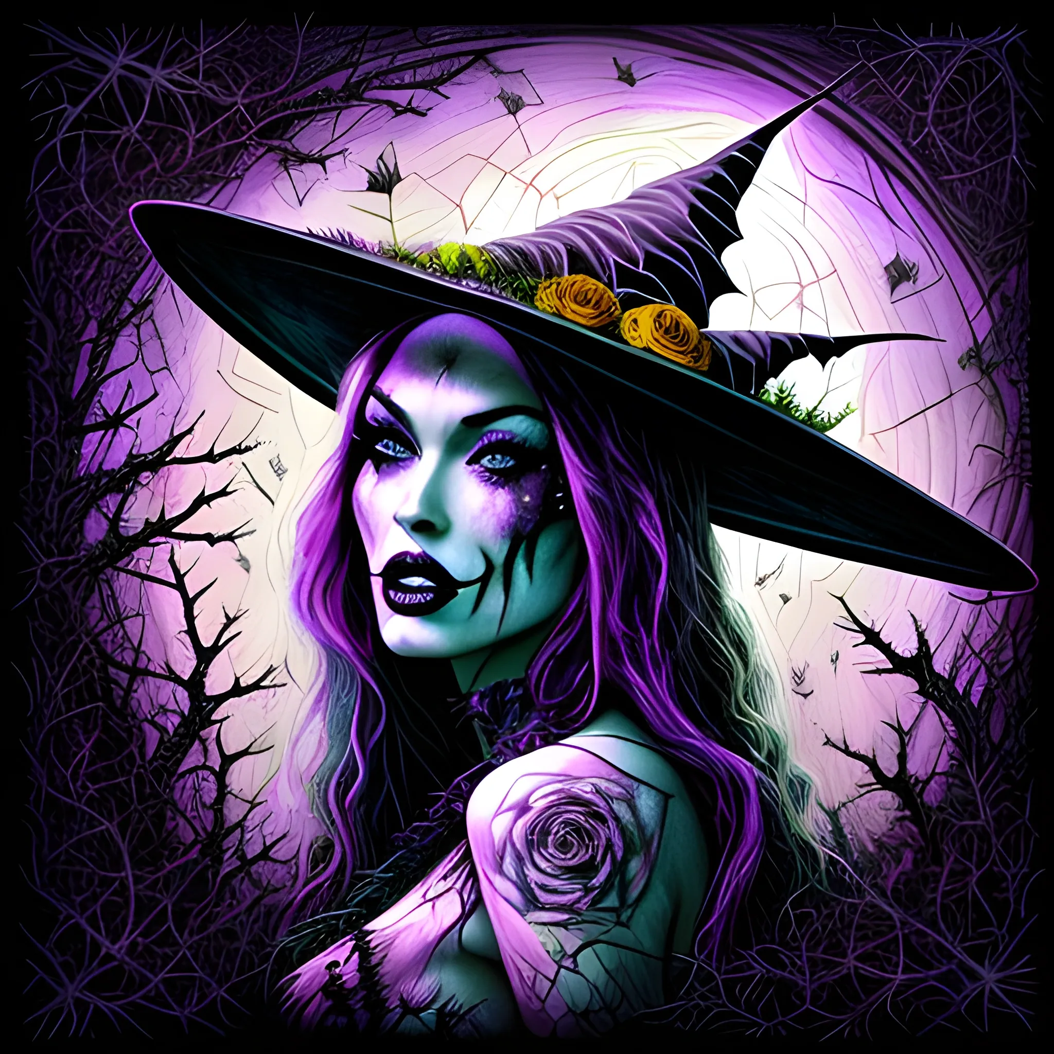 Megan Fox as a Halloween Witch, wearing a thorny witch hat adorned with thorns and black roses; Halloween, bats, full moon in a nebula sky, neon spray paint, acrylic paint, fantastical surrealist world, in the style of Stephen Gammell, extremely detailed Zentangle style, sick, gothic, eldritch, candles, neon grape purple, dayglo orange, chartreuse green, Halloween