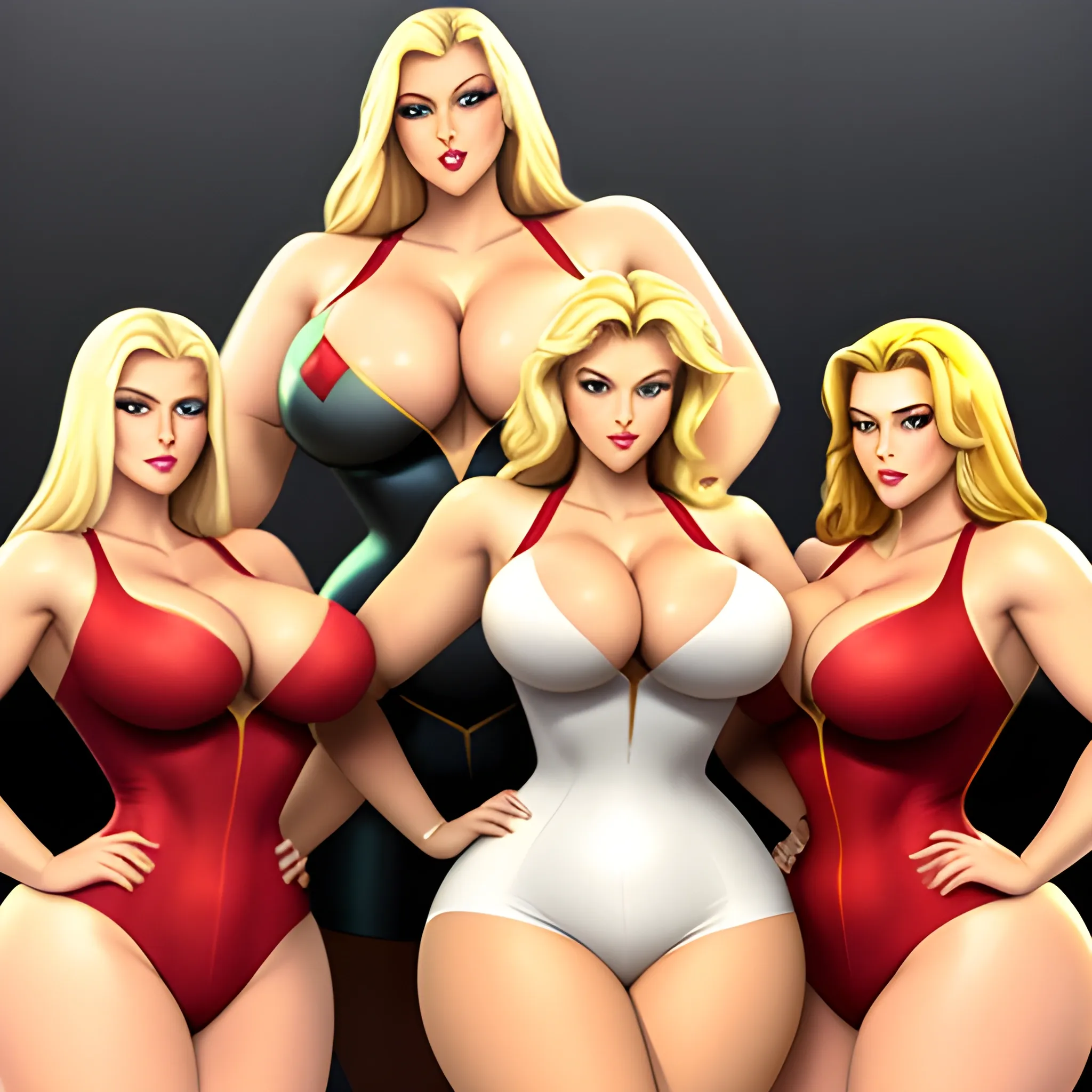 massive and very tall, beautiful, plus size, friendly beautiful blonde girl, broad shoulders, slightly muscular, golden blonde hair, full voluptuous hourglass body and long big thighs and big legs in short tight dress, athletic, standing in beautiful house next to her five slightly shorter blonde daughters with the same bodytype loving her and hugging and clinging to her and kissing her