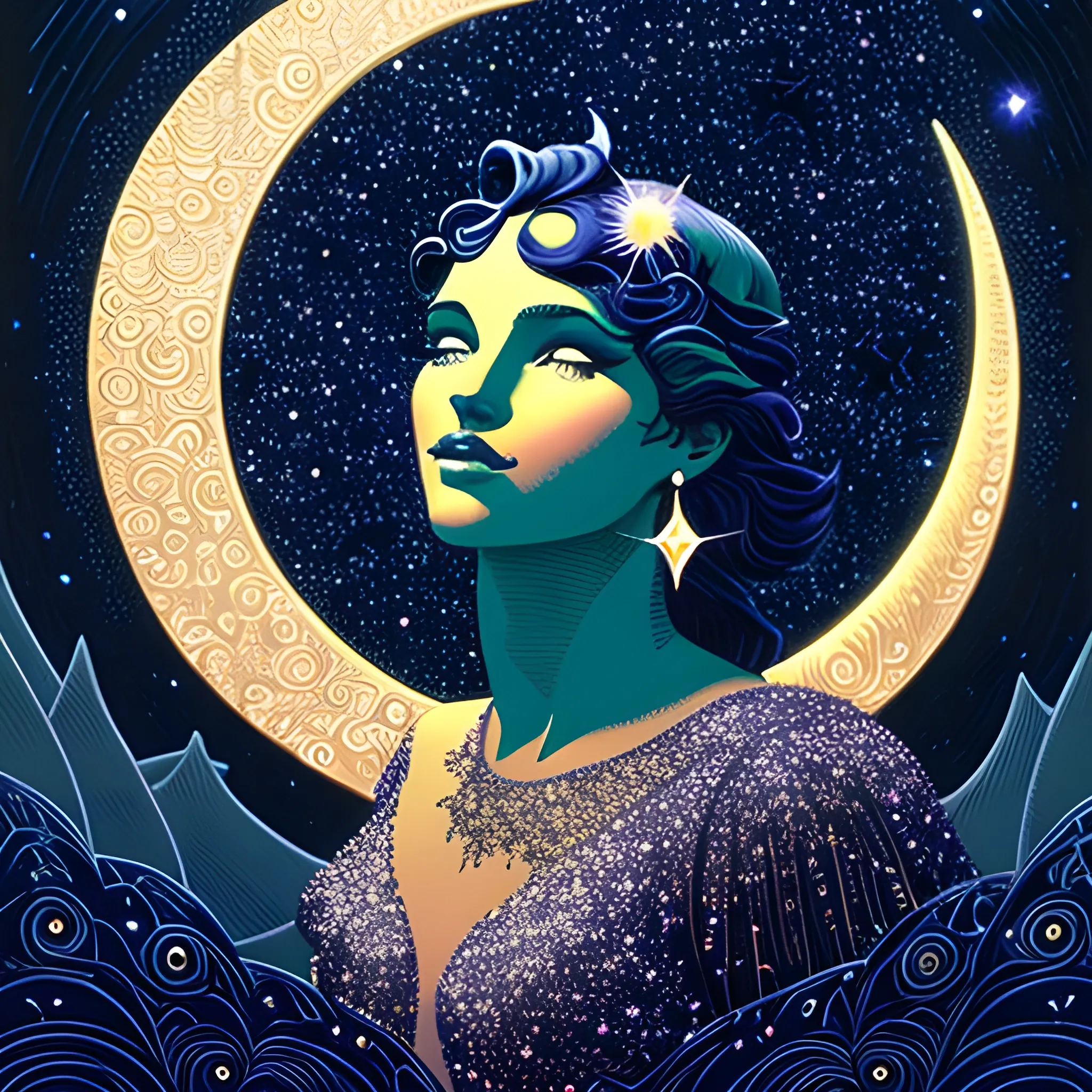 Nyx Goddess of the Night with a crescent moon and many stars in ...