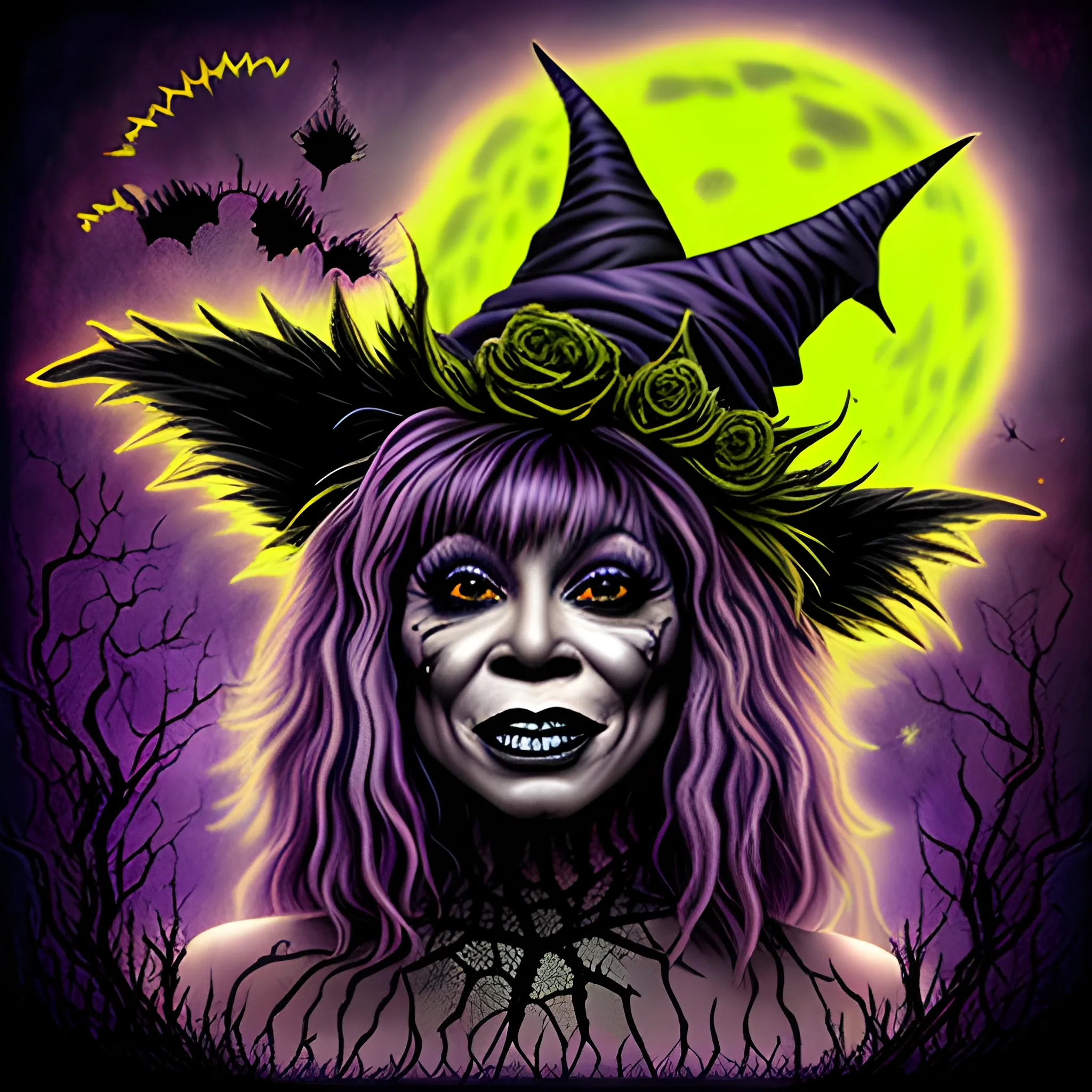 Tina Turner as a Halloween Witch, wearing a thorny witch hat adorned with thorns and black roses; Halloween, bats, full moon in a nebula sky, neon spray paint, acrylic paint, fantastical surrealist world, in the style of Stephen Gammell, extremely detailed Zentangle style, sick, gothic, eldritch, candles, neon grape purple, dayglo orange, chartreuse green, Halloween