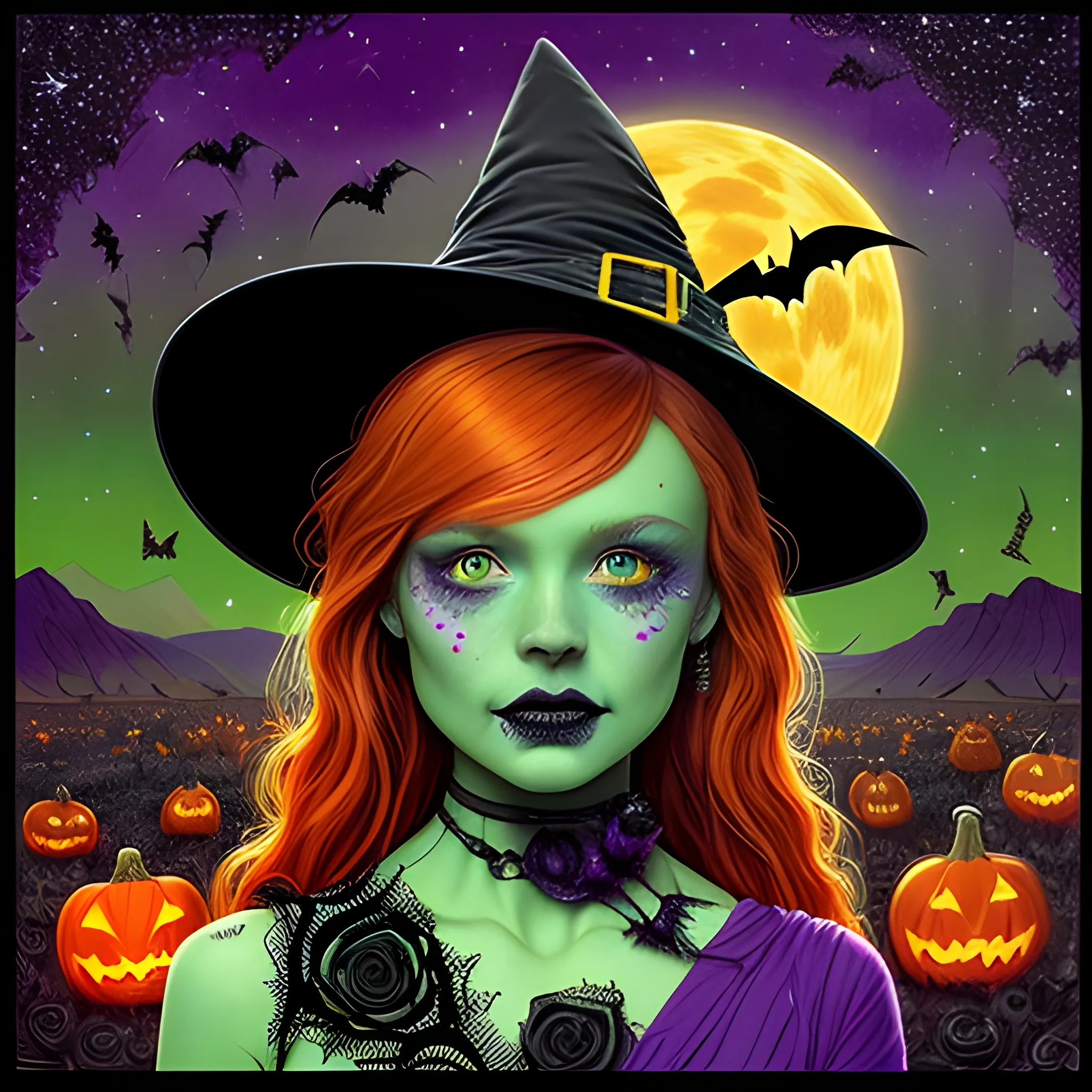 Bella Thorne / Sadie Sink face morph as a Halloween Witch, wearing a thorny witch hat adorned with thorns and black roses; Halloween, bats, full moon in a nebula sky, neon spray paint, acrylic paint, fantastical surrealist world, in the style of Stephen Gammell, extremely detailed, sick, gothic, eldritch, candles, neon grape purple, dayglo orange, chartreuse green, Halloween perfect purple pumpkins, green skulls, orange bats, magic, candles, cobweb, spider, glitter, luminous color sparkles, dayglo orange, neon grape purple, chartreuse green, hot pink, stars, sparkles, glitter, lanterns, gourds, Halloween; Goddess of the Night with a crescent moon and many stars in the style of Maxfield Parrish, starry night, James R. Eads