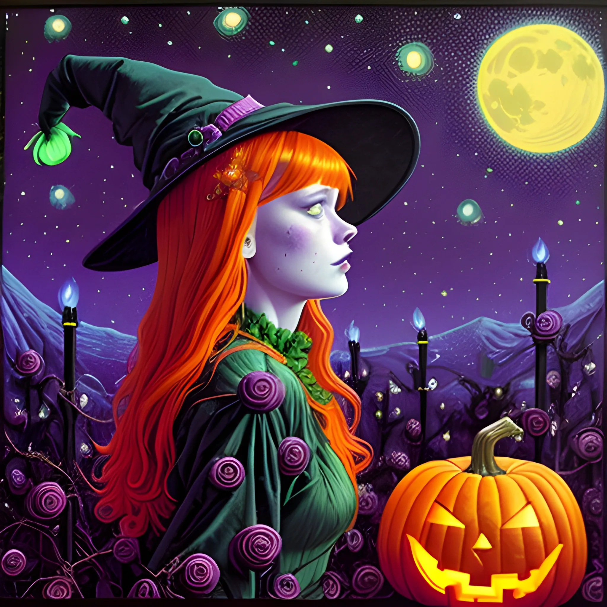 Bella Thorne / Sadie Sink face morph as a Halloween Witch, wearing a thorny witch hat adorned with thorns and black roses; Halloween, bats, full moon in a nebula sky, neon spray paint, acrylic paint, fantastical surrealist world, in the style of Stephen Gammell, extremely detailed, sick, gothic, eldritch, candles, neon grape purple, dayglo orange, chartreuse green, Halloween perfect purple pumpkins, green skulls, orange bats, magic, candles, cobweb, spider, glitter, luminous color sparkles, dayglo orange, neon grape purple, chartreuse green, hot pink, stars, sparkles, glitter, lanterns, gourds, Halloween; Goddess of the Night with a crescent moon and many stars in the style of Maxfield Parrish, starry night, James R. Eads