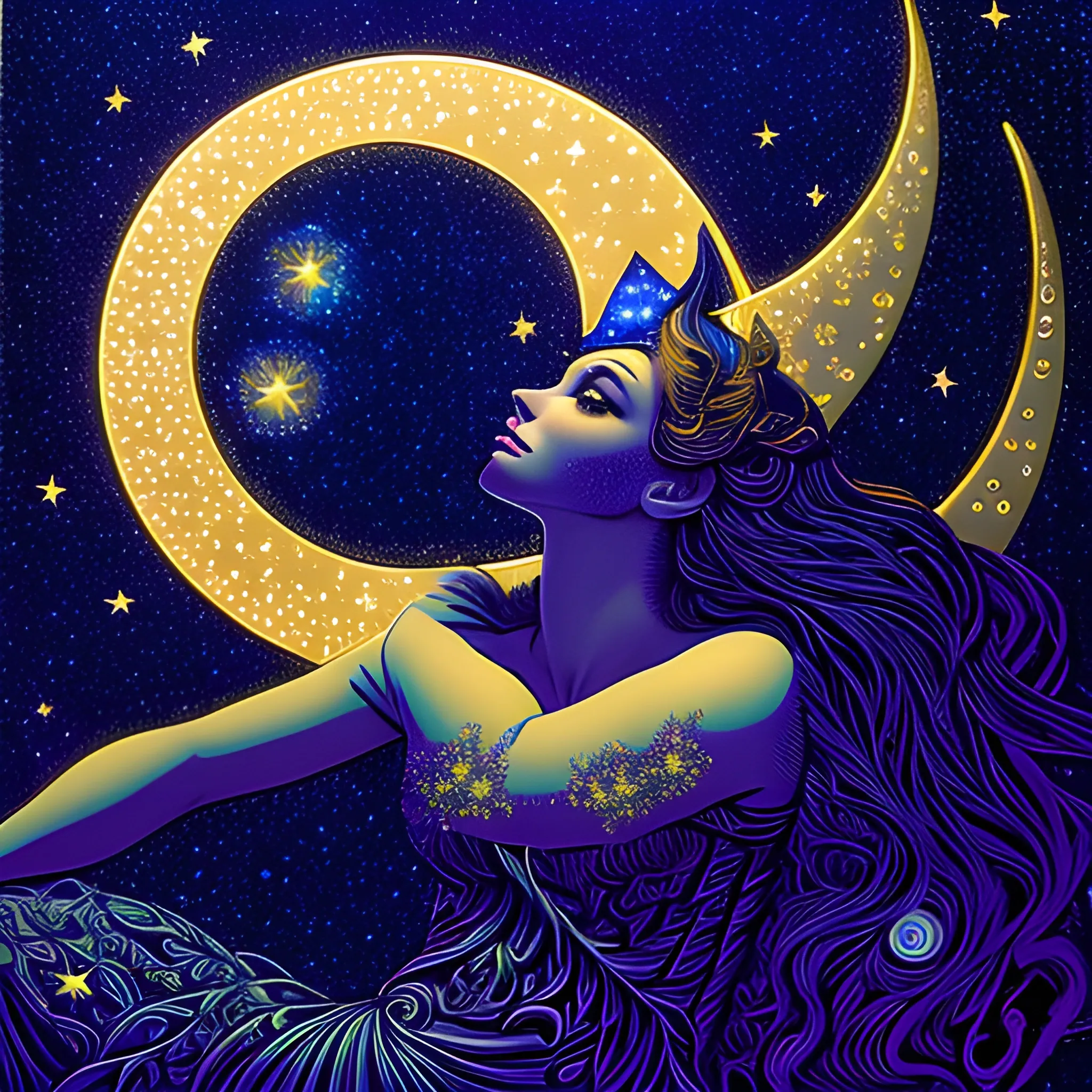 Nyx Goddess of the Night with a crescent moon and many stars in the style of Maxfield Parrish, starry night, James R. Eads