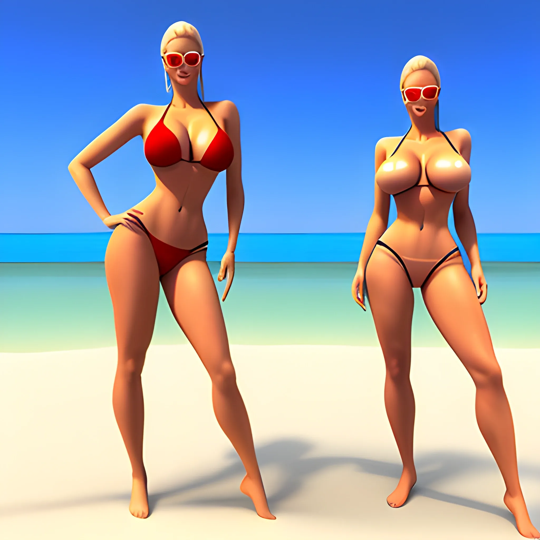 Young girls on a beach wearing barely anything, 3D