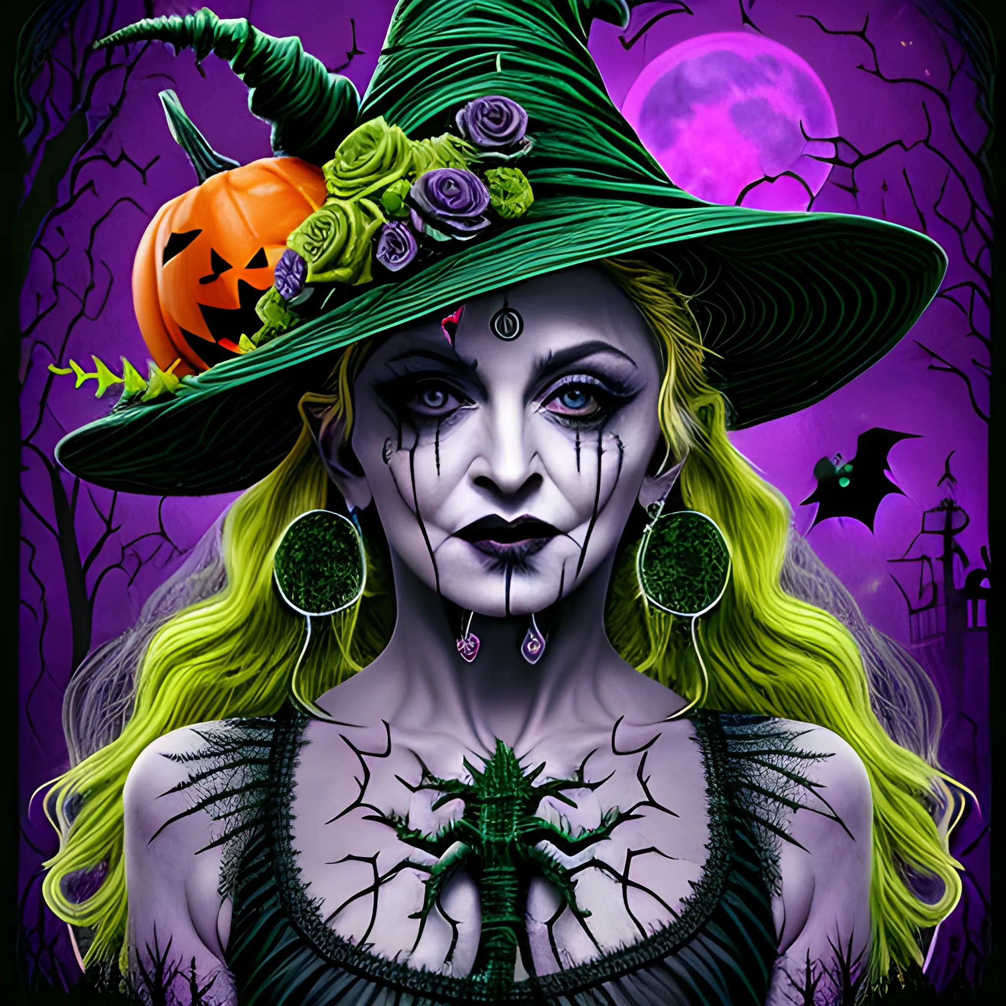 Madonna as a Halloween Witch, wearing a thorny witch hat adorned with thorns and black roses; Halloween, bats, full moon in a nebula sky, neon spray paint, acrylic paint, fantastical surrealist world, in the style of Stephen Gammell, extremely detailed Zentangle style, sick, gothic, eldritch, candles, neon grape purple, dayglo orange, chartreuse green, Halloween