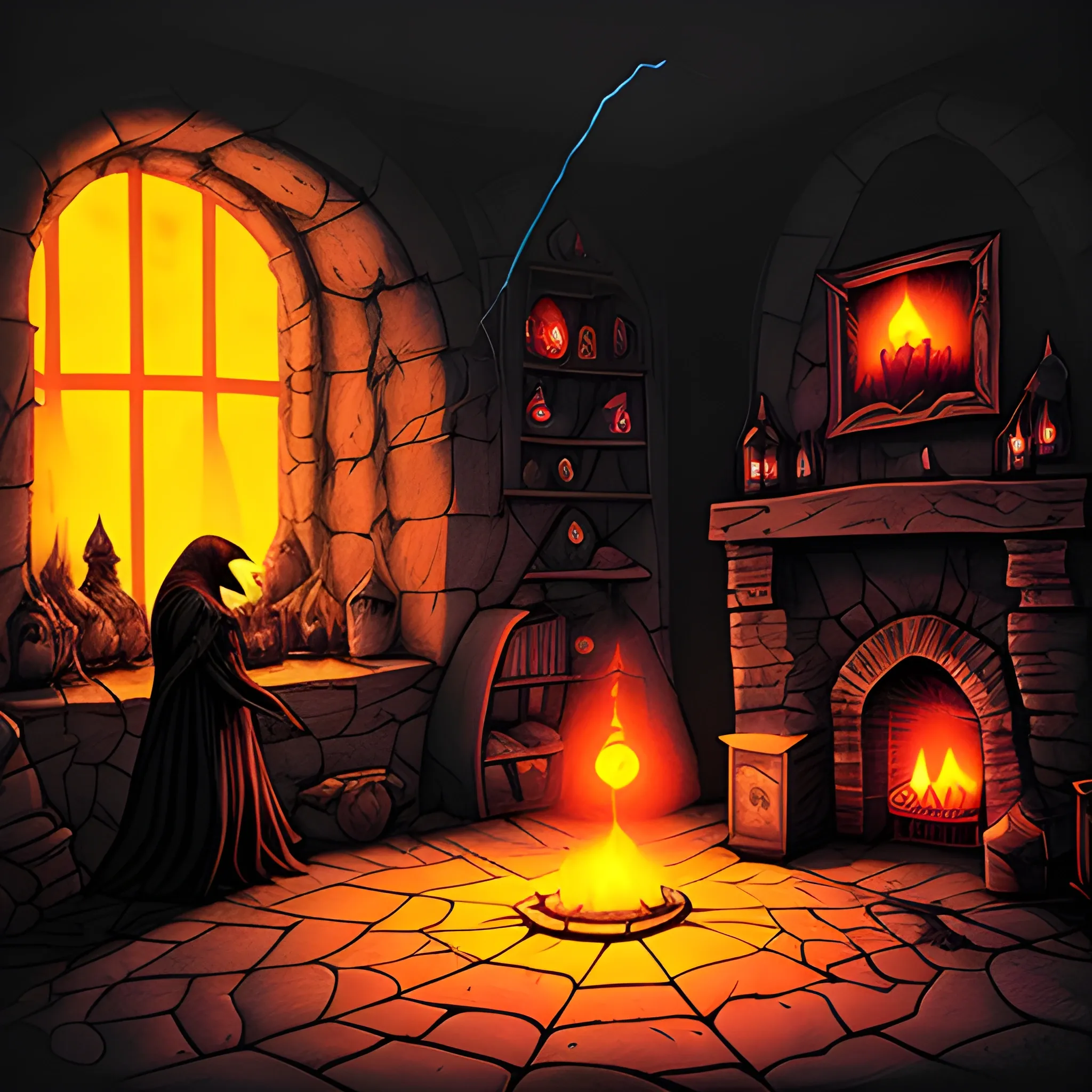 A group of witches gather at a smoky creepy-looking room around a boiling caldron. A dimmed red-orange colored light glows in the caldron. Walls made of cobbled stone. Spider web creeping around the corner of the room. A raven is standing on the window.

