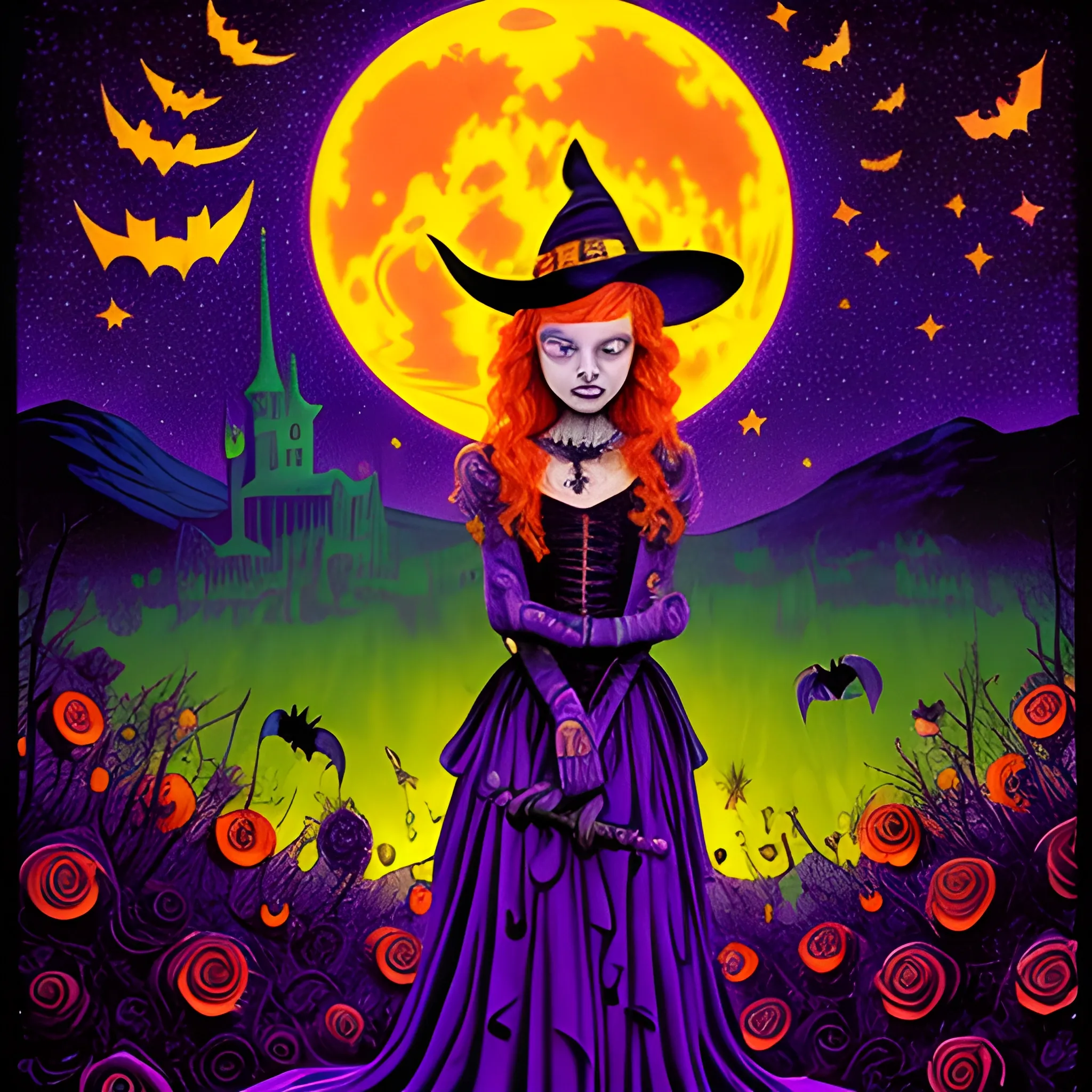 Bella Thorne / Sadie Sink face morph as a Halloween Witch, wearing a thorny witch hat adorned with thorns and black roses; Halloween, bats, full moon in a nebula sky, neon spray paint, acrylic paint, fantastical surrealist world, in the style of Stephen Gammell, extremely detailed, sick, gothic, eldritch, candles, neon grape purple, dayglo orange, chartreuse green, Halloween perfect purple pumpkins, green skulls, orange bats, magic, candles, cobweb, spider, glitter, luminous color sparkles, dayglo orange, neon grape purple, chartreuse green, hot pink, stars, sparkles, glitter, lanterns, gourds, Halloween; Goddess of the Night with a crescent moon and many stars in the style of Maxfield Parrish, starry night, James R. Eads