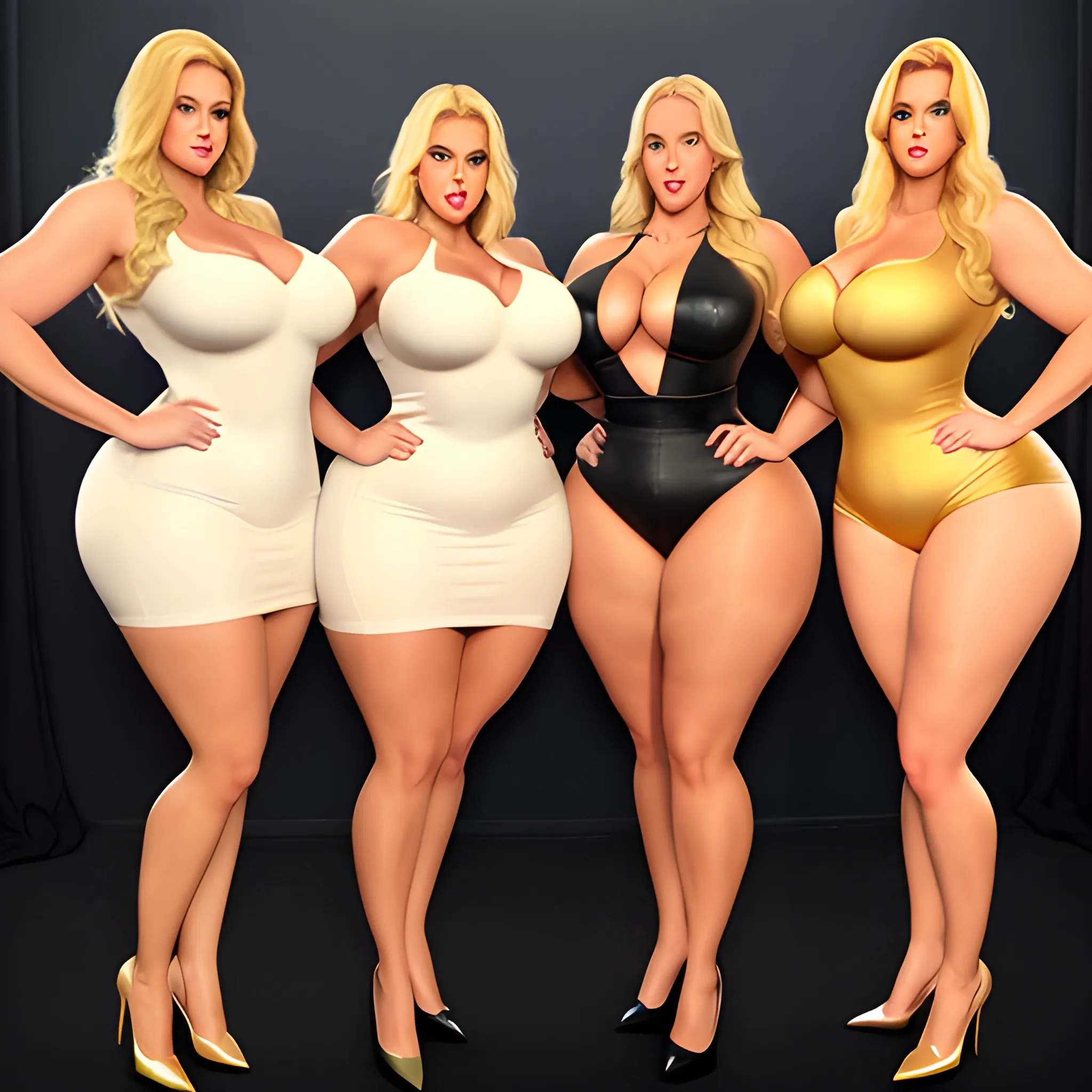 massive and very tall, beautiful, plus size, friendly beautiful blonde girl, broad shoulders, slightly muscular, golden blonde hair, full voluptuous hourglass body and long big thighs and big legs in short tight dress, athletic, standing in beautiful house next to her five slightly shorter blonde daughters with the same bodytype loving her and hugging and clinging to her and kissing her