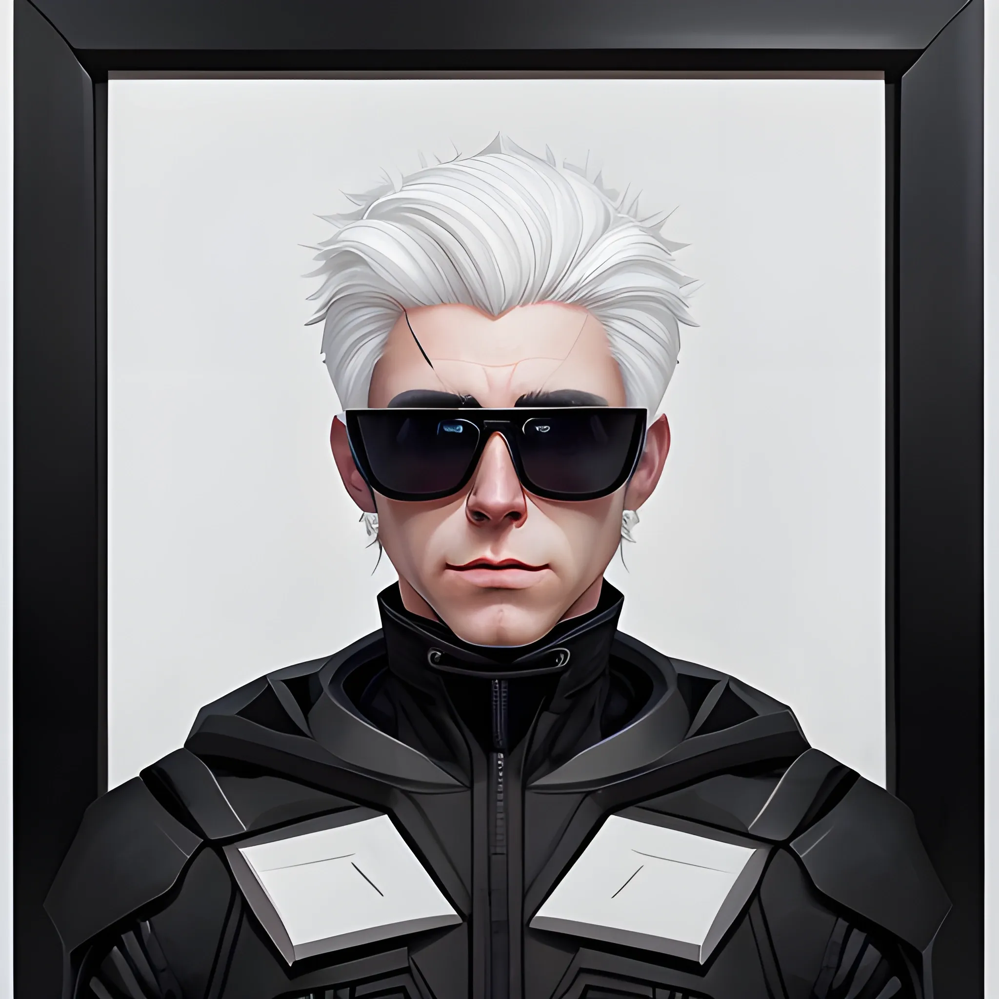 Make a portrait of a white male with white hair wearing a black sunglasses and wearing a black cybergear in Arcane art style , Oil Painting, 3D