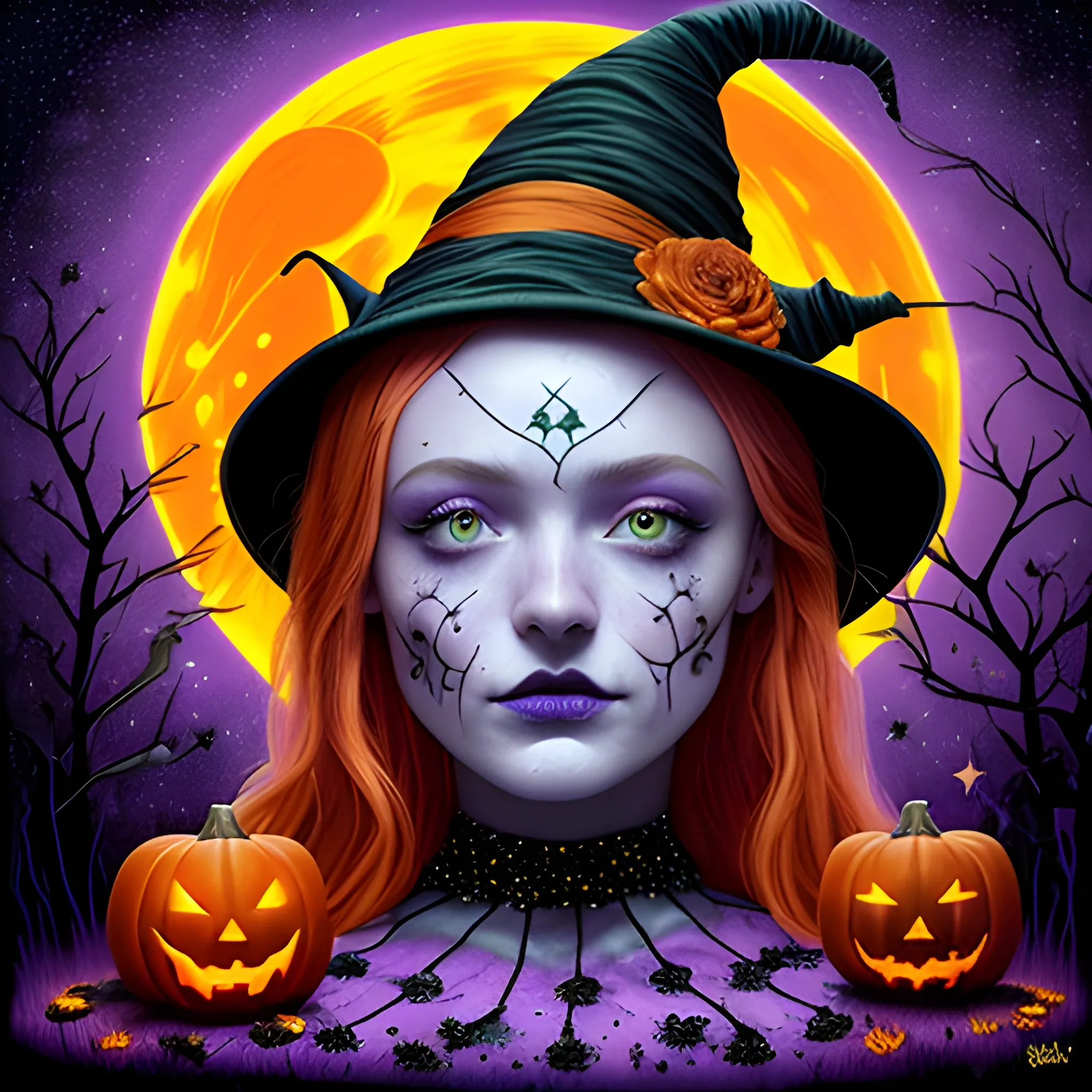 Bella Thorne / Sadie Sink face morph as a Halloween Witch, wearing a thorny witch hat adorned with thorns and black roses; Halloween, bats, full moon in a nebula sky, neon spray paint, acrylic paint, fantastical surrealist world, in the style of Stephen Gammell, extremely detailed, sick, gothic, eldritch, candles, neon grape purple, dayglo orange, chartreuse green, Halloween perfect purple pumpkins, green skulls, orange bats, magic, candles, cobweb, spider, glitter, luminous color sparkles, dayglo orange, neon grape purple, chartreuse green, hot pink, stars, sparkles, glitter, lanterns, gourds, Halloween; Goddess of the Night with a crescent moon and many stars in the style of Maxfield Parrish, starry night, James R. Eads, 3D