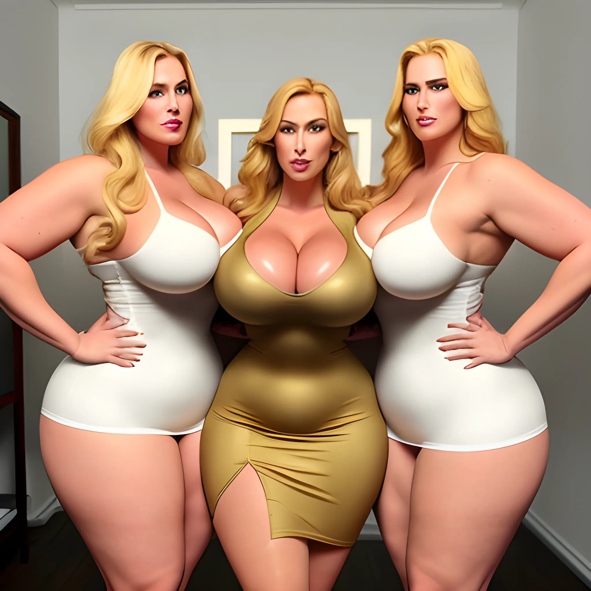 massive and very tall, beautiful, plus size, friendly beautiful blonde girl, broad shoulders, slightly muscular, golden blonde hair, full voluptuous hourglass body and long big thighs and big legs in short tight dress, athletic, standing in beautiful house next to her five slightly shorter blonde daughters with the same bodytype loving her and hugging and clinging to her and kissing her