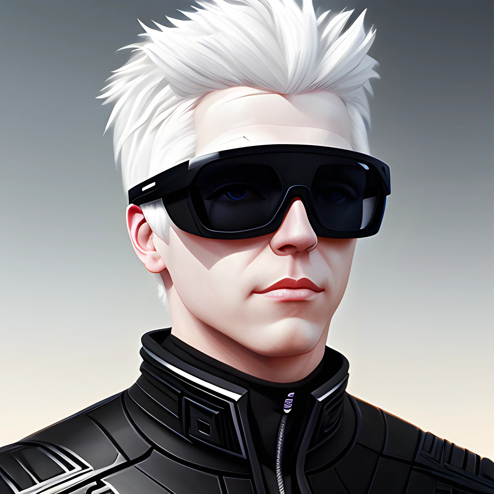 Make a portrait of a white male with white hair wearing a black sunglasses and wearing a black cybergear in Arcane art style , Oil Painting, 3D