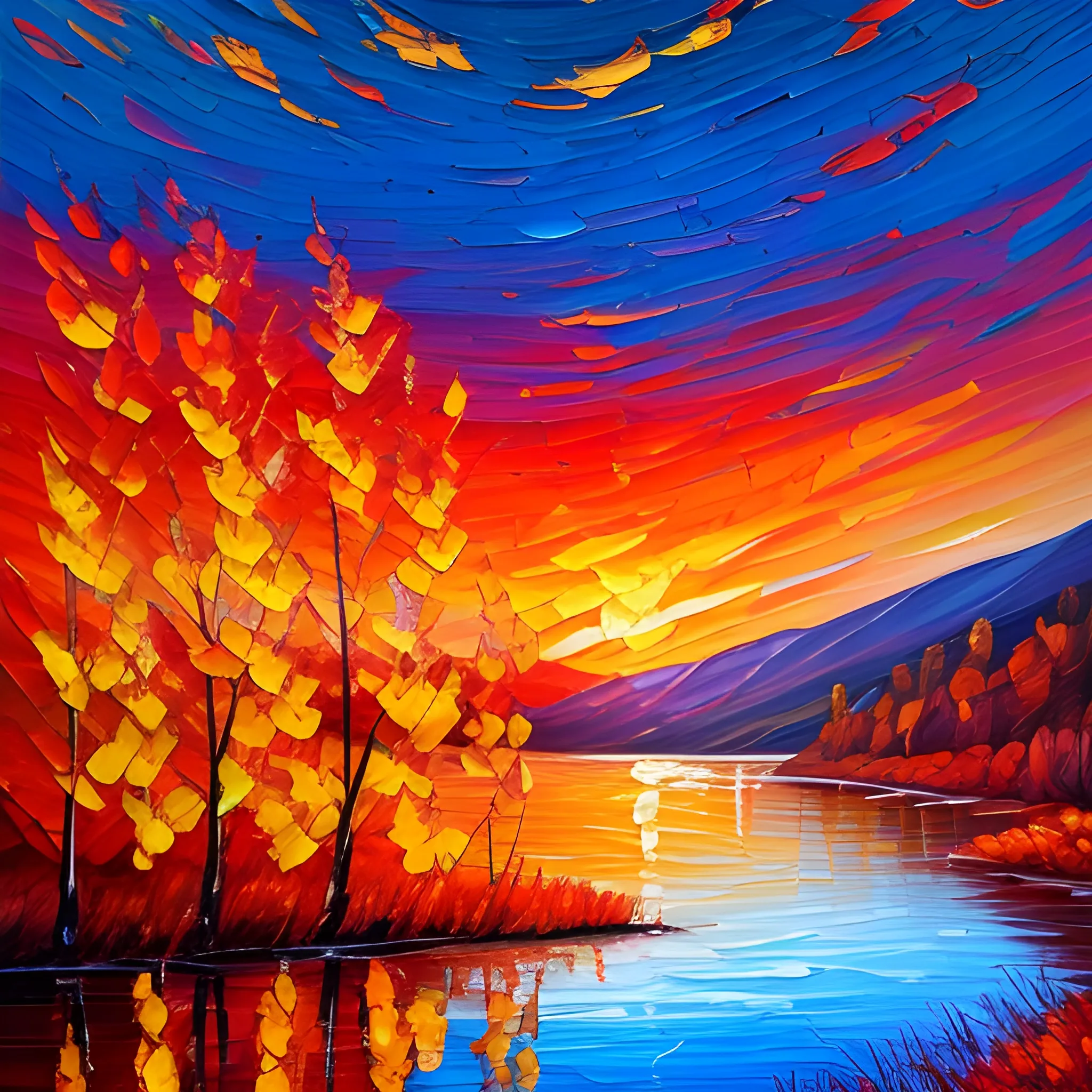 beautiful sunset in hills, with lights reflection in lakes, autumn season, colorful trees leaves, , Oil Painting