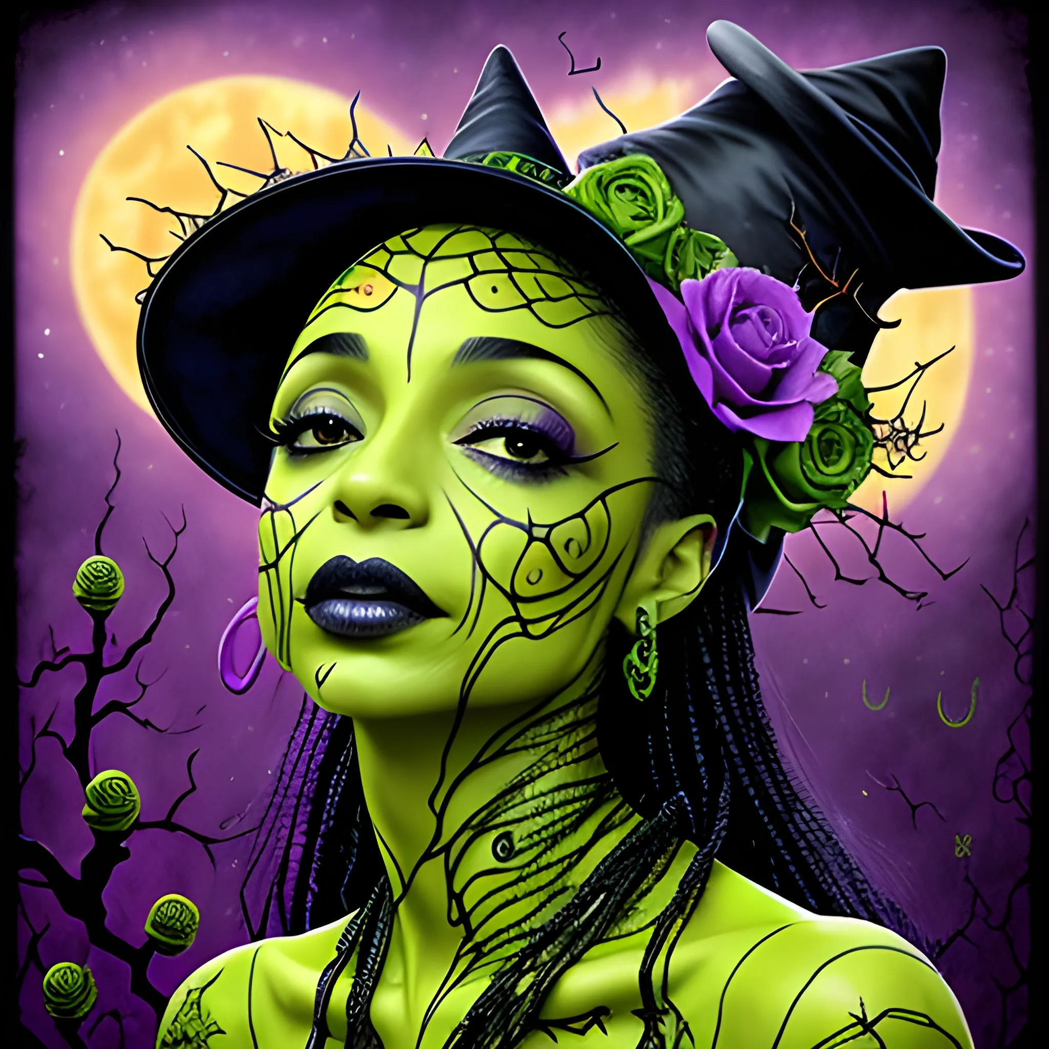 Sade Adu as a Halloween Witch, wearing a thorny witch hat adorned with thorns and black roses; Halloween, bats, full moon in a nebula sky, neon spray paint, acrylic paint, fantastical surrealist world, in the style of Stephen Gammell, extremely detailed Zentangle style, sick, gothic, eldritch, candles, neon grape purple, dayglo orange, chartreuse green, Halloween