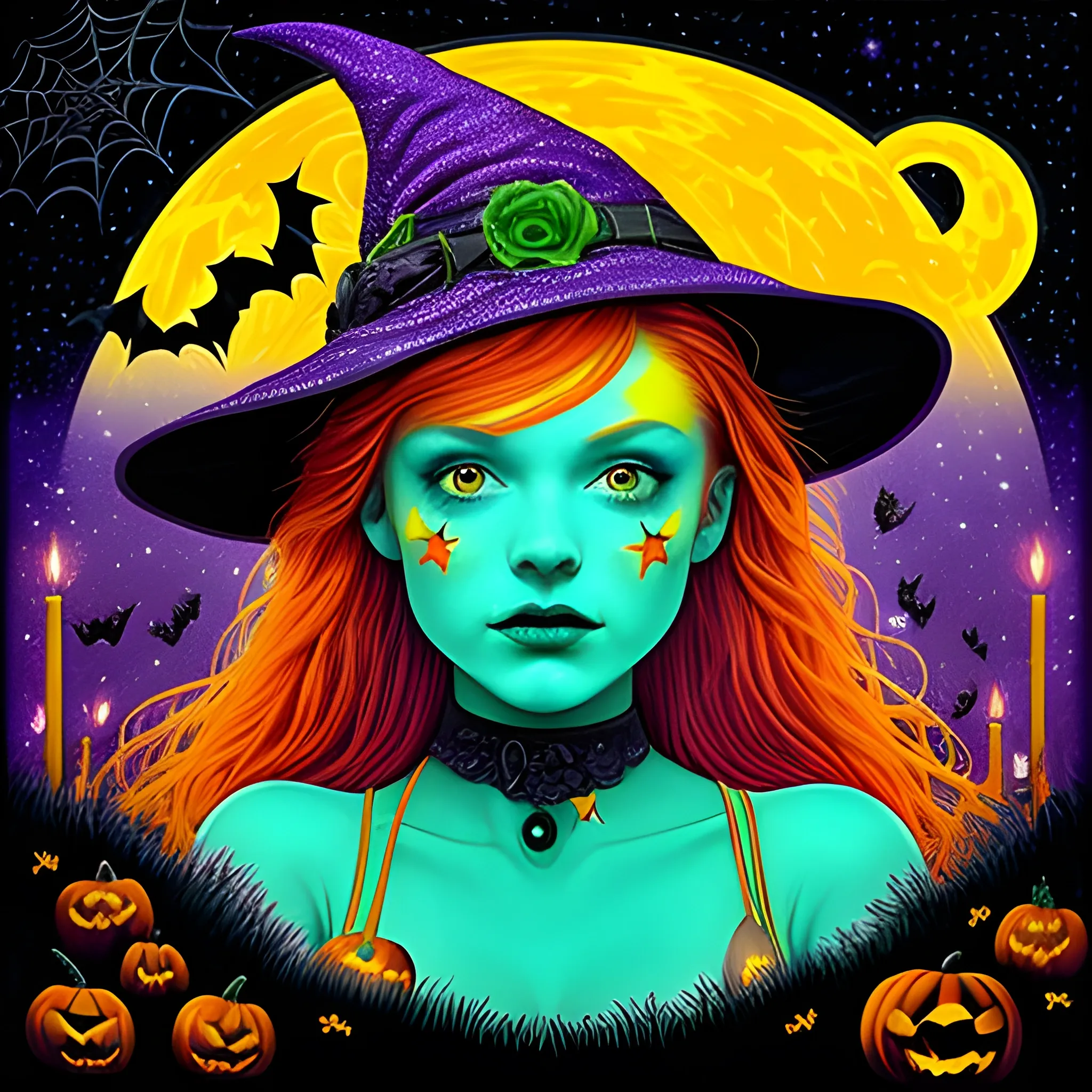 Bella Thorne / Sadie Sink face morph as a Halloween Witch, wearing a thorny witch hat adorned with thorns and black roses; Halloween, bats, full moon in a nebula sky, neon spray paint, acrylic paint, fantastical surrealist world, in the style of Stephen Gammell, extremely detailed, sick, gothic, eldritch, candles, neon grape purple, dayglo orange, chartreuse green, Halloween perfect purple pumpkins, green skulls, orange bats, magic, candles, cobweb, spider, glitter, luminous color sparkles, dayglo orange, neon grape purple, chartreuse green, hot pink, stars, sparkles, glitter, lanterns, gourds, Halloween; Goddess of the Night with a crescent moon and many stars in the style of Maxfield Parrish, starry night, James R. Eads