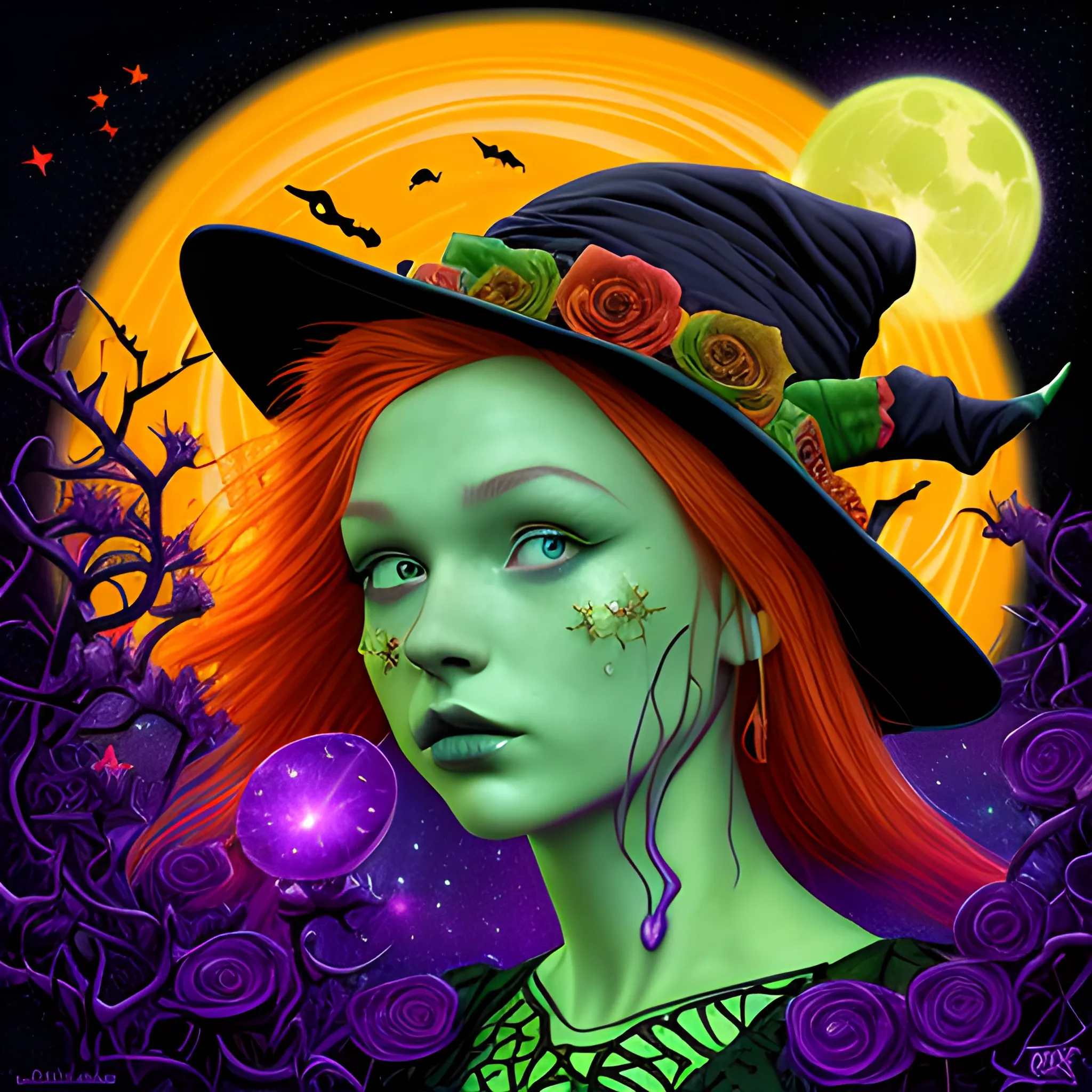 Bella Thorne / Sadie Sink face morph as a Halloween Witch, wearing a thorny witch hat adorned with thorns and black roses; Halloween, bats, full moon in a nebula sky, neon spray paint, acrylic paint, fantastical surrealist world, in the style of Stephen Gammell, extremely detailed, sick, gothic, eldritch, candles, neon grape purple, dayglo orange, chartreuse green, Halloween perfect purple pumpkins, green skulls, orange bats, magic, candles, cobweb, spider, glitter, luminous color sparkles, dayglo orange, neon grape purple, chartreuse green, hot pink, stars, sparkles, glitter, lanterns, gourds, Halloween; Goddess of the Night with a crescent moon and many stars in the style of Maxfield Parrish, starry night, James R. Eads, 3D