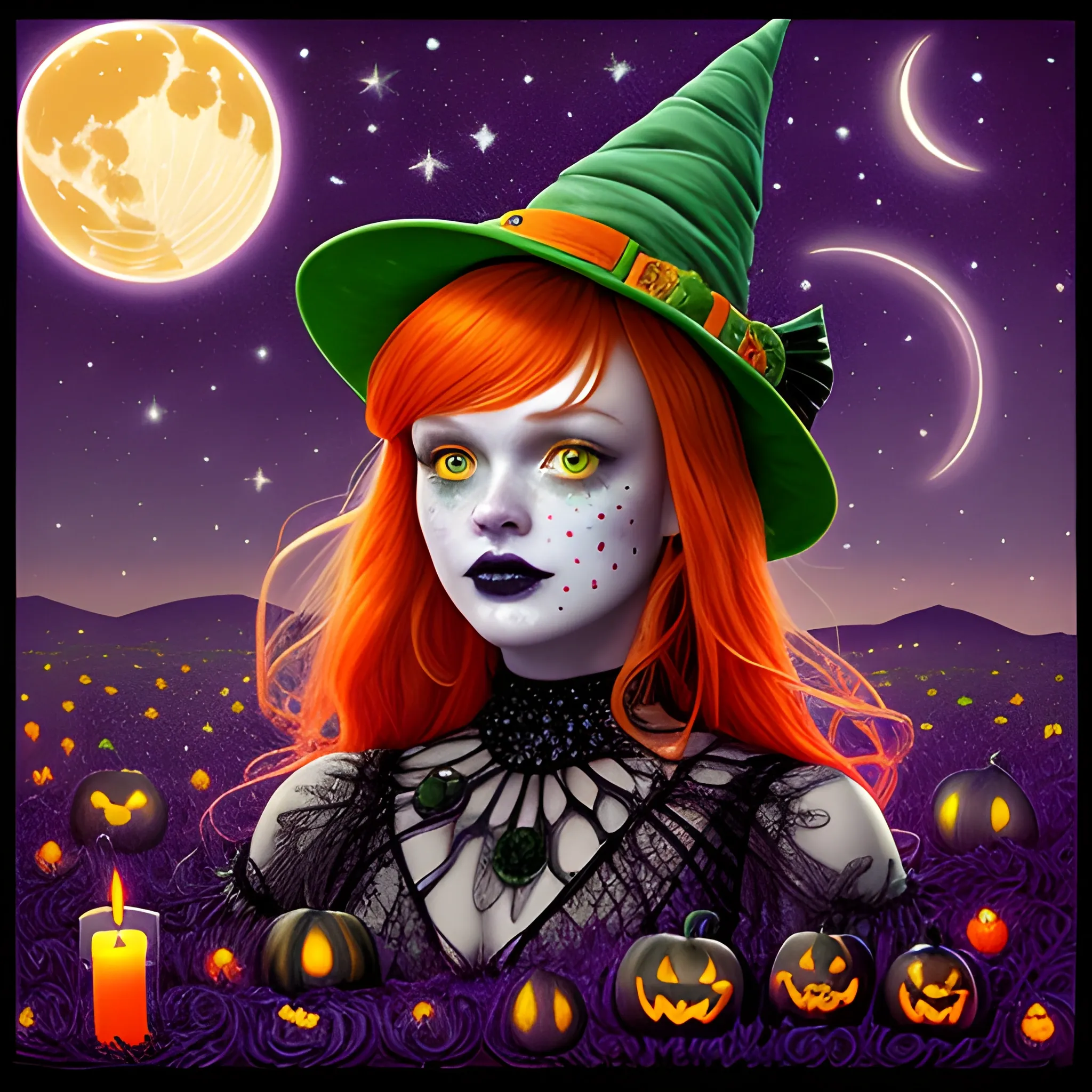 Bella Thorne / Sadie Sink face morph as a Halloween Witch, wearing a thorny witch hat adorned with thorns and black roses; Halloween, bats, full moon in a nebula sky, neon spray paint, acrylic paint, fantastical surrealist world, in the style of Stephen Gammell, extremely detailed, sick, gothic, eldritch, candles, neon grape purple, dayglo orange, chartreuse green, Halloween perfect purple pumpkins, green skulls, orange bats, magic, candles, cobweb, spider, glitter, luminous color sparkles, dayglo orange, neon grape purple, chartreuse green, hot pink, stars, sparkles, glitter, lanterns, gourds, Halloween; Goddess of the Night with a crescent moon and many stars in the style of Maxfield Parrish, starry night, James R. Eads, 3D