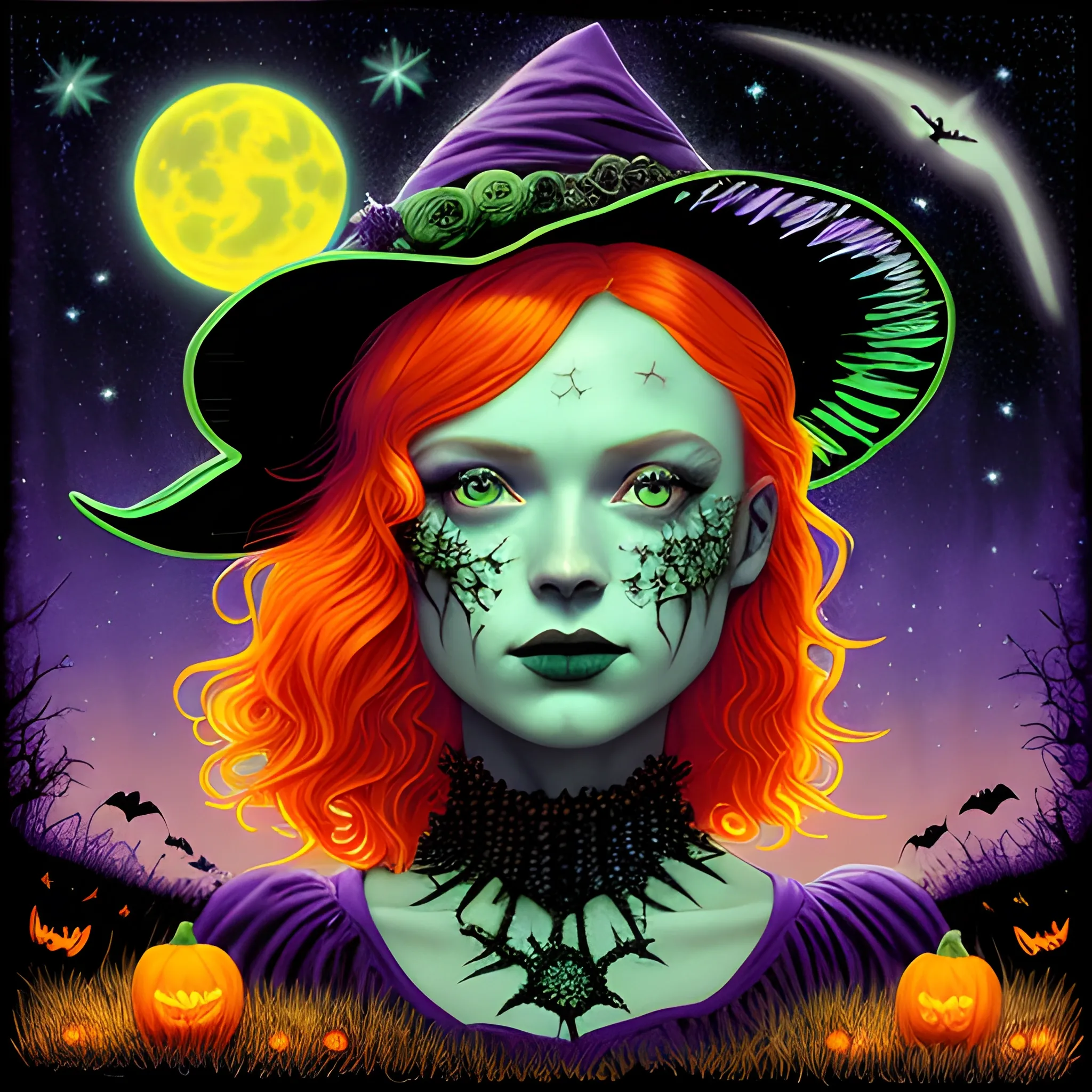 Bella Thorne / Sadie Sink face morph as a Halloween Witch, wearing a thorny witch hat adorned with thorns and black roses; Halloween, bats, full moon in a nebula sky, neon spray paint, acrylic paint, fantastical surrealist world, in the style of Stephen Gammell, extremely detailed, sick, gothic, eldritch, candles, neon grape purple, dayglo orange, chartreuse green, Halloween perfect purple pumpkins, green skulls, orange bats, magic, candles, cobweb, spider, glitter, luminous color sparkles, dayglo orange, neon grape purple, chartreuse green, hot pink, stars, sparkles, glitter, lanterns, gourds, Halloween; Goddess of the Night with a crescent moon and many stars in the style of Maxfield Parrish, starry night, James R. Eads