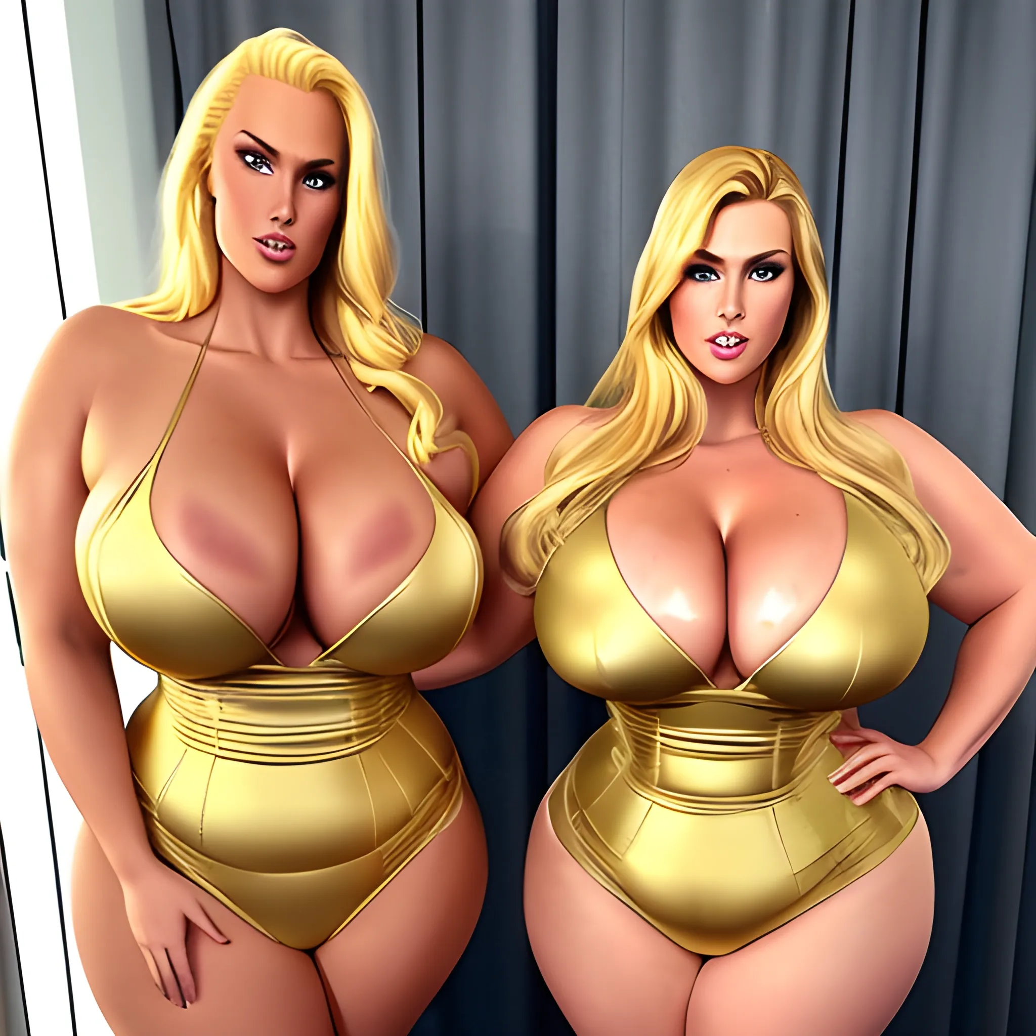 massive and very tall, beautiful, plus size, friendly beautiful blonde girl, broad shoulders, slightly muscular, golden blonde hair, full voluptuous hourglass body and long big thighs and big legs in short tight dress, athletic, standing in beautiful house next to her five slightly shorter blonde daughters with the same bodytype loving her and hugging and clinging to her and kissing her