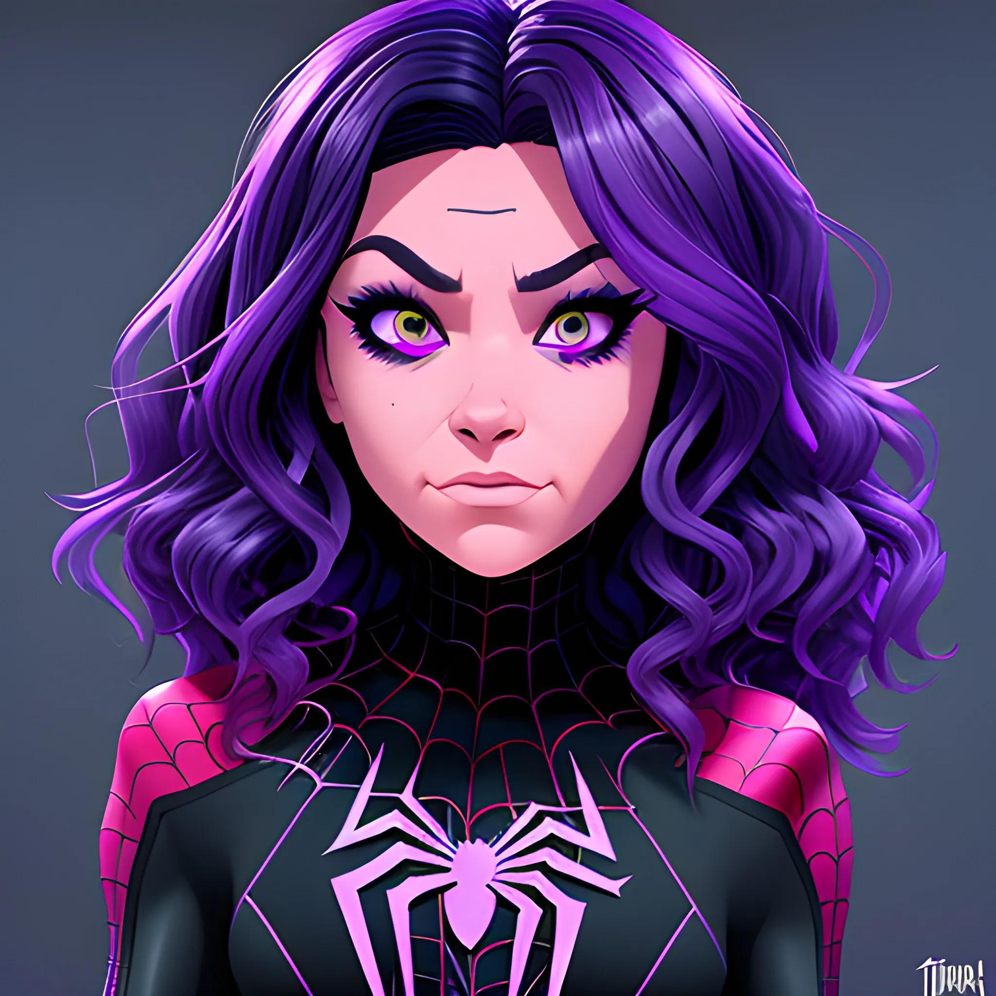 Mujer, ojos violetas, cabello oscuro, estilo spiderman across the spider verse junto a Miguel O'hara, , Cartoon