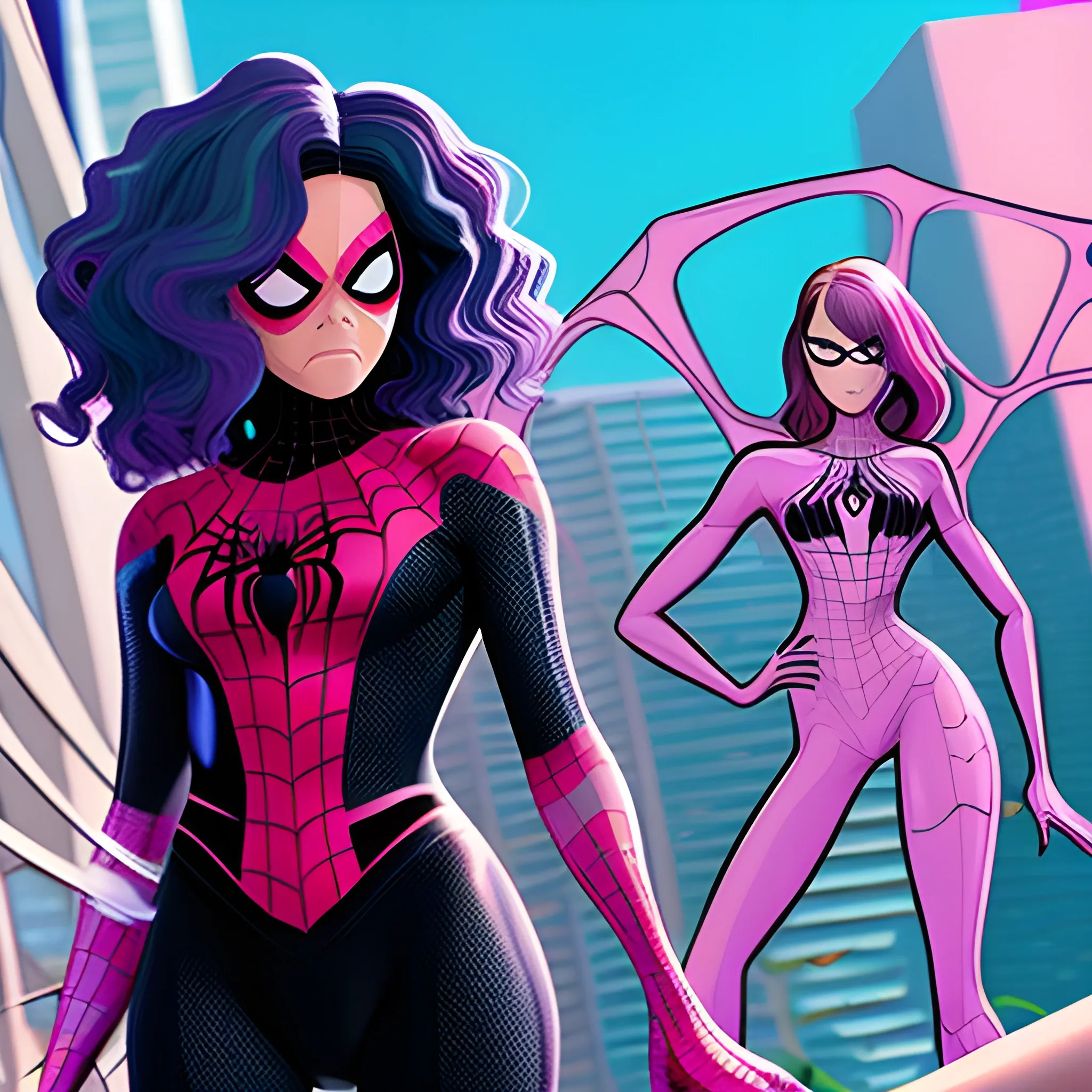 Mujer, cabello castaño, ojos rosas  estilo spiderman across the spider verse junto a Miguel O'hara, , Cartoon