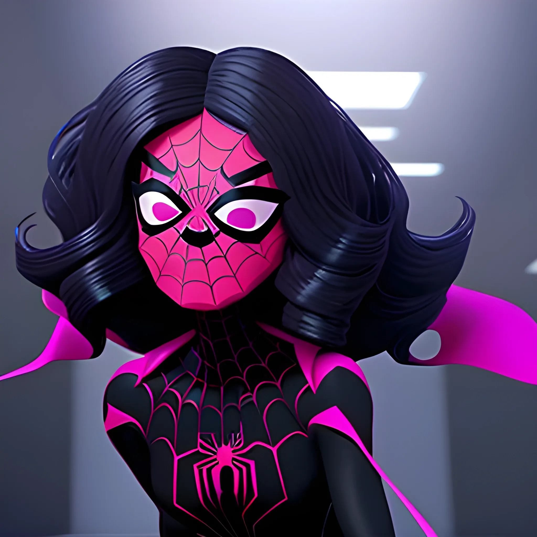 Mujer, cabello castaño, ojos negros, traje negro con telarañas rosas  estilo spiderman across the spider verse  , Cartoon