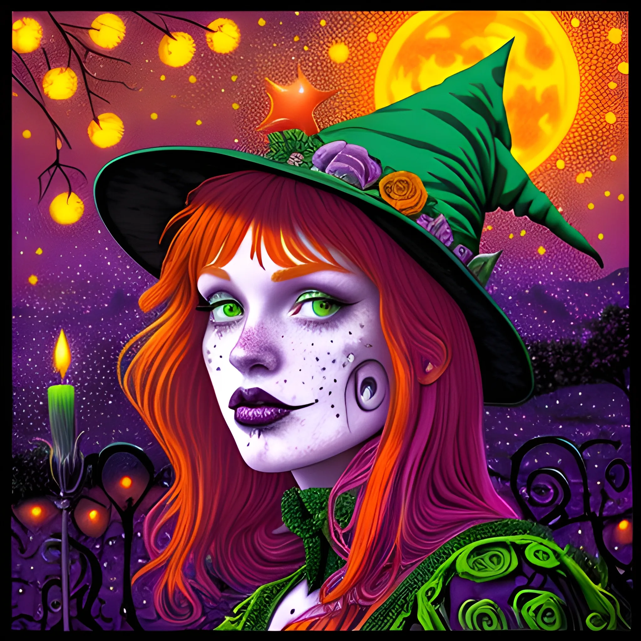 Bella Thorne / Sadie Sink face morph as a Halloween Witch, wearing a thorny witch hat adorned with thorns and black roses; Halloween, bats, full moon in a nebula sky, neon spray paint, acrylic paint, fantastical surrealist world, in the style of Stephen Gammell, extremely detailed, sick, gothic, eldritch, candles, neon grape purple, dayglo orange, chartreuse green, Halloween perfect purple pumpkins, green skulls, orange bats, magic, candles, cobweb, spider, glitter, luminous color sparkles, dayglo orange, neon grape purple, chartreuse green, hot pink, stars, sparkles, glitter, lanterns, gourds, Halloween; Goddess of the Night with a crescent moon and many stars in the style of Maxfield Parrish, starry night, James R. Eads