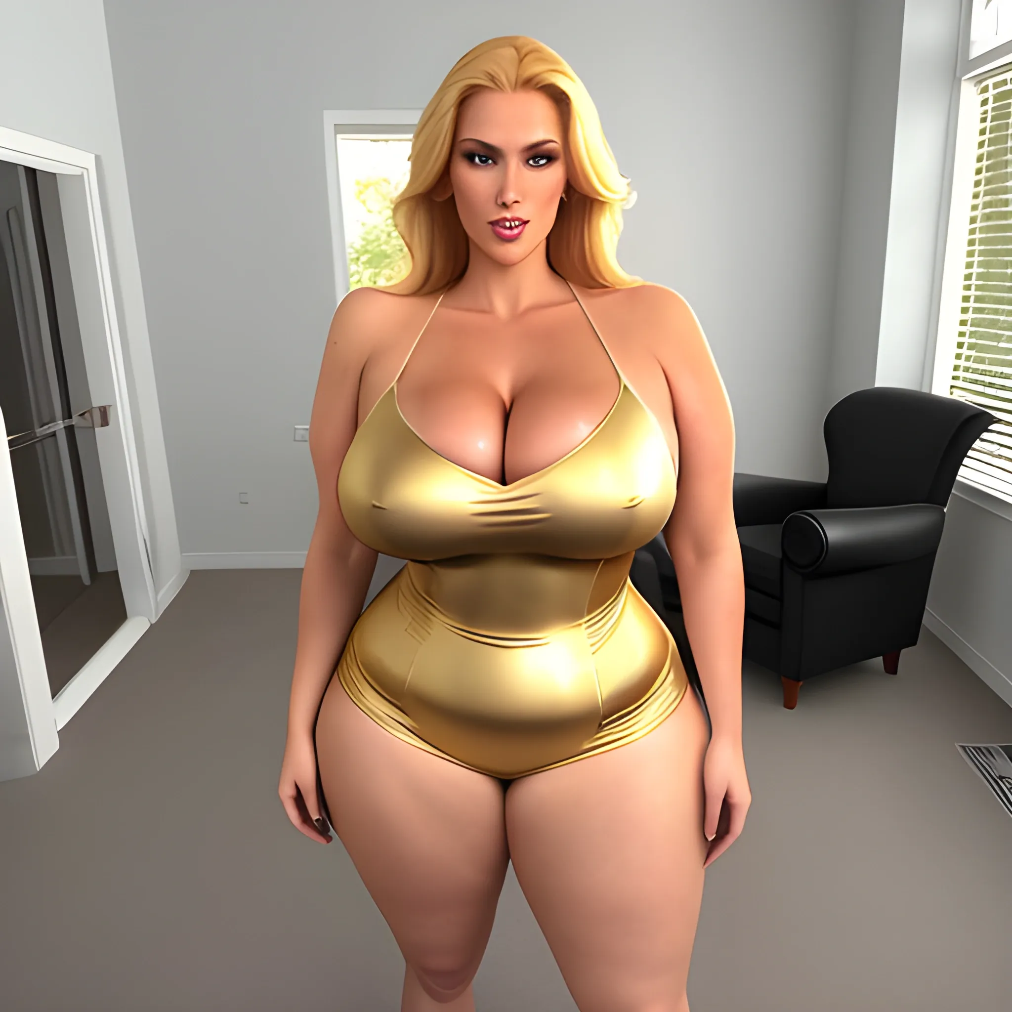 massive and very tall, beautiful, plus size, friendly beautiful blonde girl, broad shoulders, slightly muscular, golden blonde hair, full voluptuous hourglass body and long big thighs and big legs in short tight dress, athletic, standing in beautiful house next to her five slightly shorter blonde daughters with the same bodytype loving her and hugging and clinging to her and kissing her