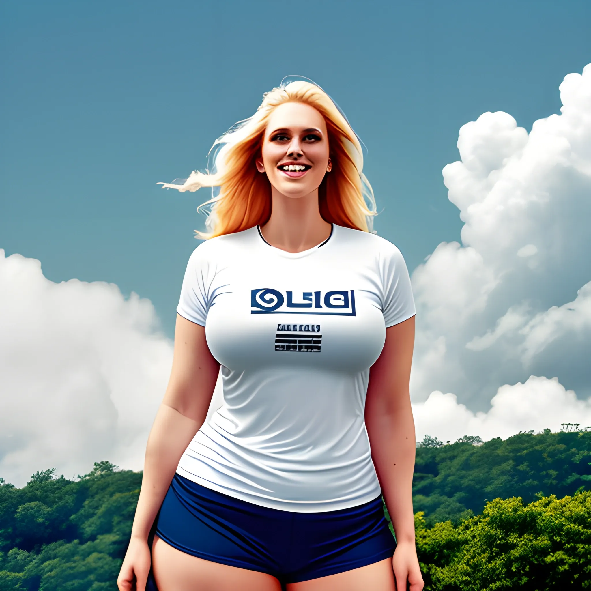 very tall beautiful huge and mighty voluptuous strong sporty gently smiling teenage blonde girl in T-shirt and shorts standing under clouds 