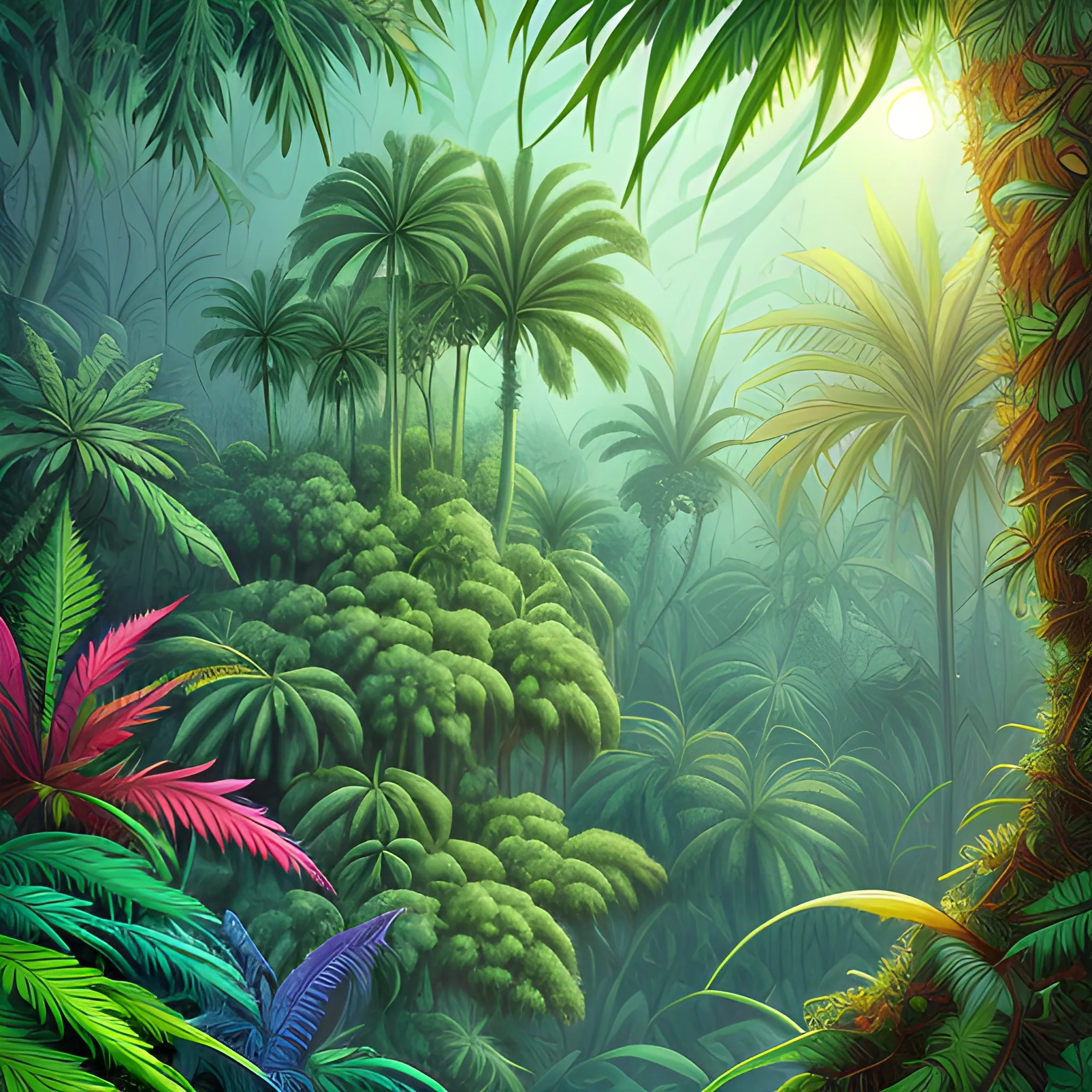  Colored, cannbis trees in jungles, highly detailed, artstation, MasterPiece, Award-Winning, Caran d'Ache Luminance,  Cartoon