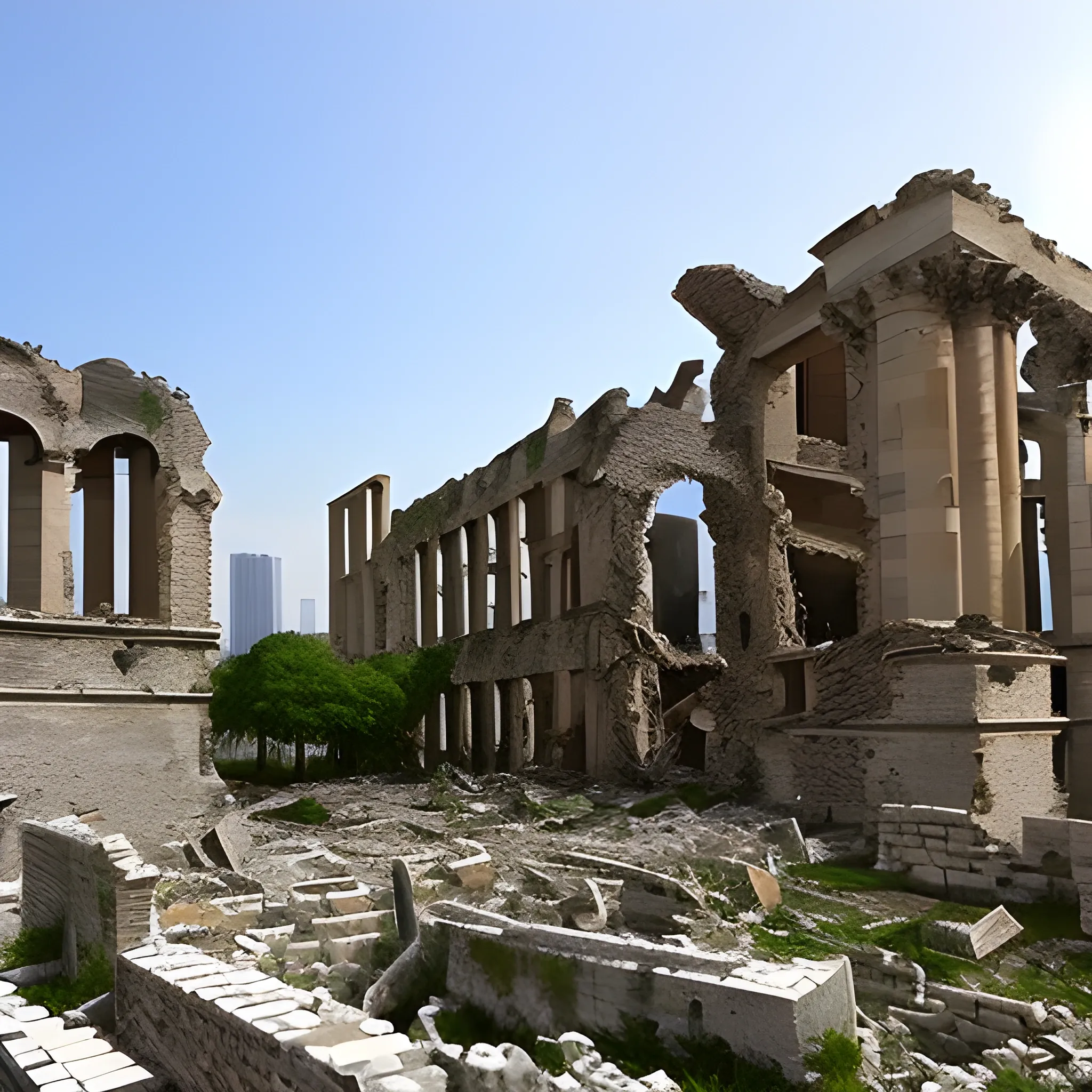 The buildings collapsed during the war, the ruins, and the children in the ruins