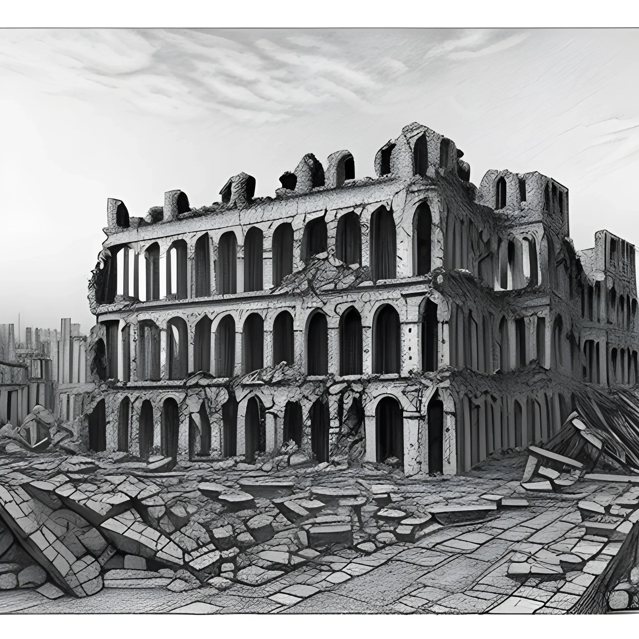 The buildings collapsed during the war, the ruins, and the children in the ruins, Pencil Sketch