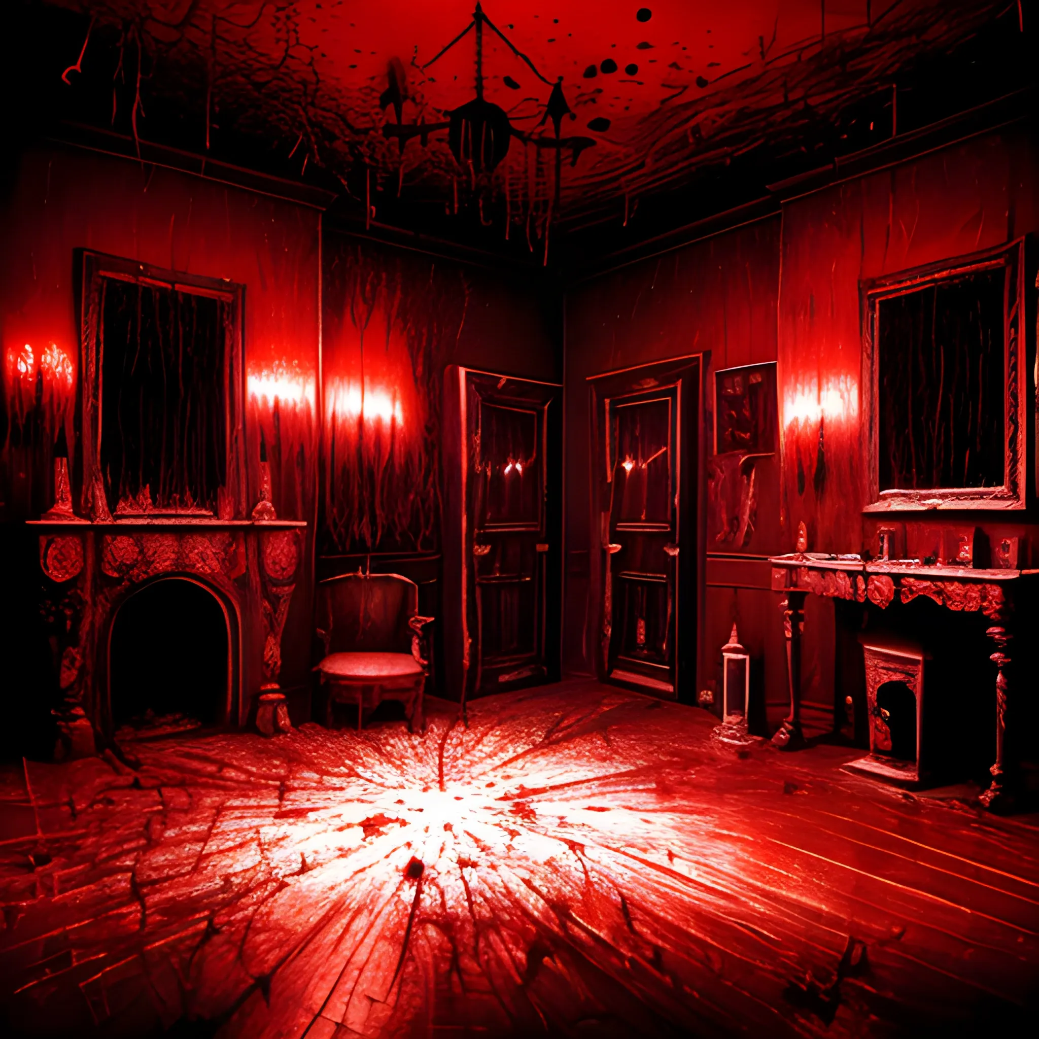 ultra detailed photography of a dark room illuminated by candles, in the center of the room a mirror shows a ghost only visible in the reflection, red paint splattered all over the room, dramatic, claw marks are visible on the wooden floor, chains and robes hanging, dark art by MSchiffer, eerie, creepy, nightmarish

, Water Color