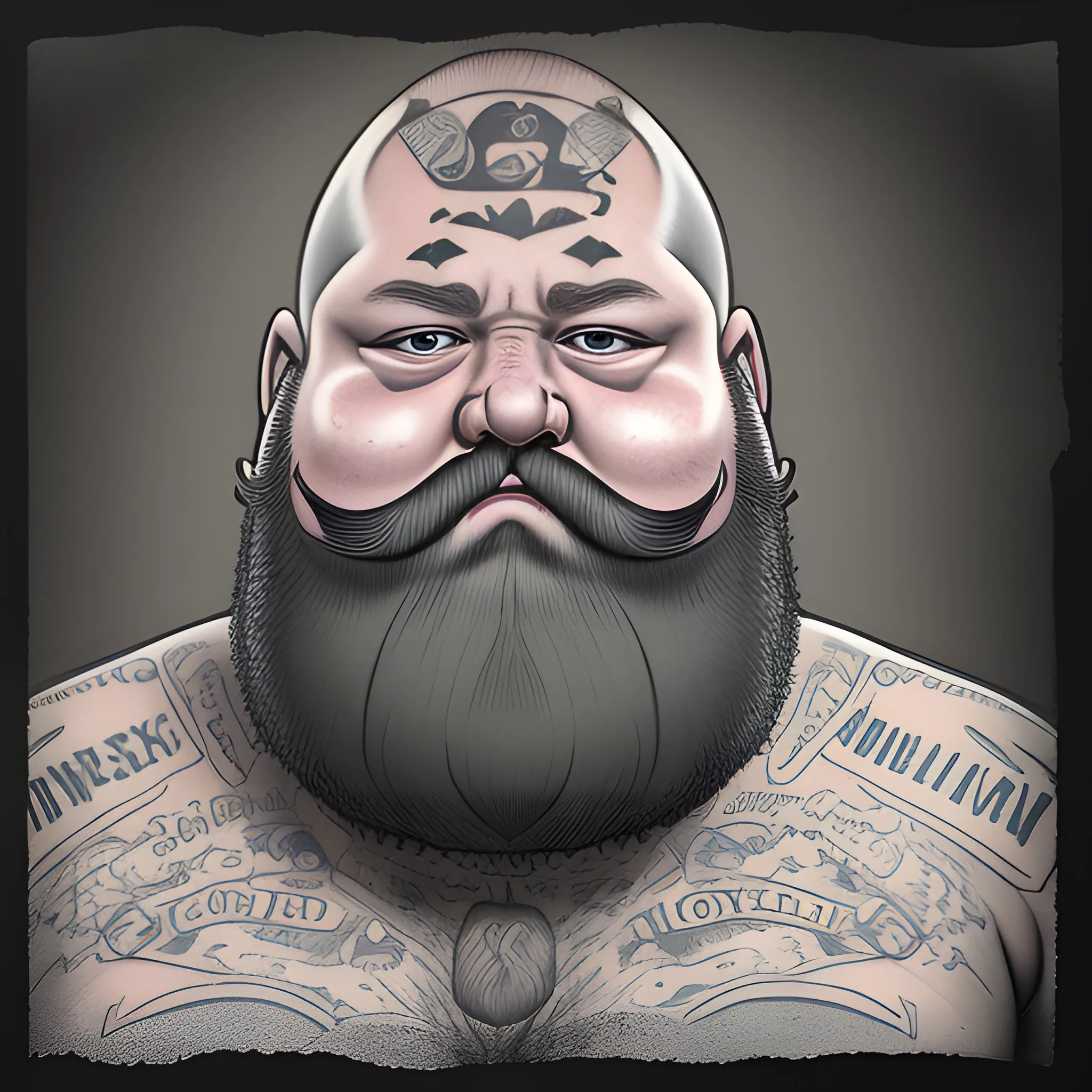 A color profile photo of a fat sailor 38 yo with a ugly  hearth tattoo,(head), beard. Hasselblad, background in a dark room. hdr, 8k, Pencil Sketch