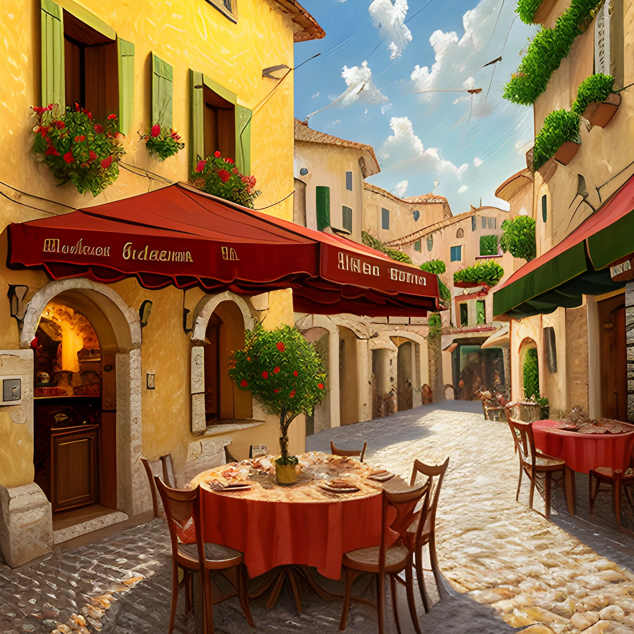 a traditional pizzeria in the street of a small village on the riviera. a terrace in the shade of a hundred - year - old olive tree, a friendly atmosphere around pizzas and rose wine. dolce vita. unreal engine rendering, hyper realist, ultra detailed, oil painting, warm colors, happy, impressionism, da vinci, 